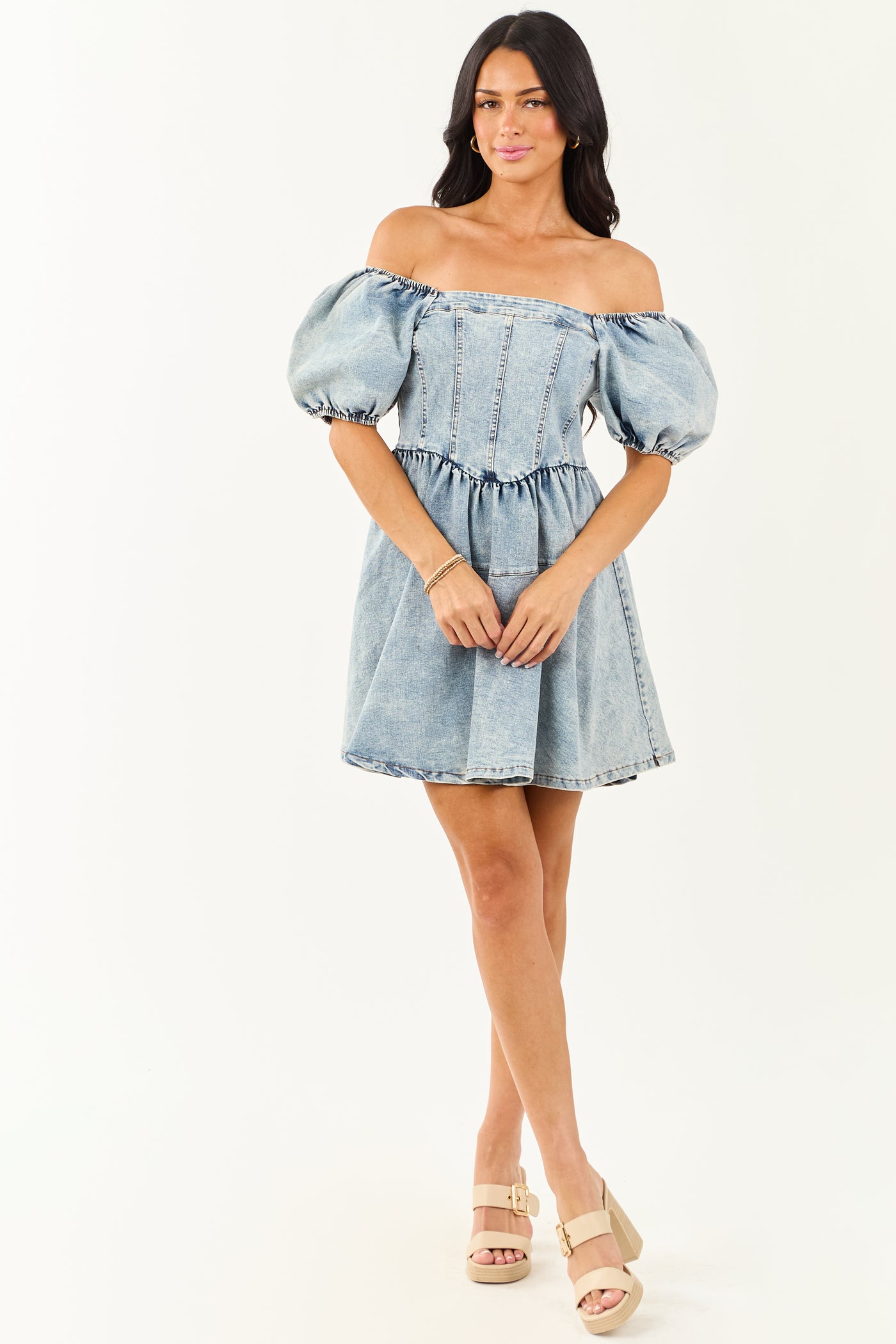 Medium Wash Denim Puff Sleeve Square Neck Mini Dress