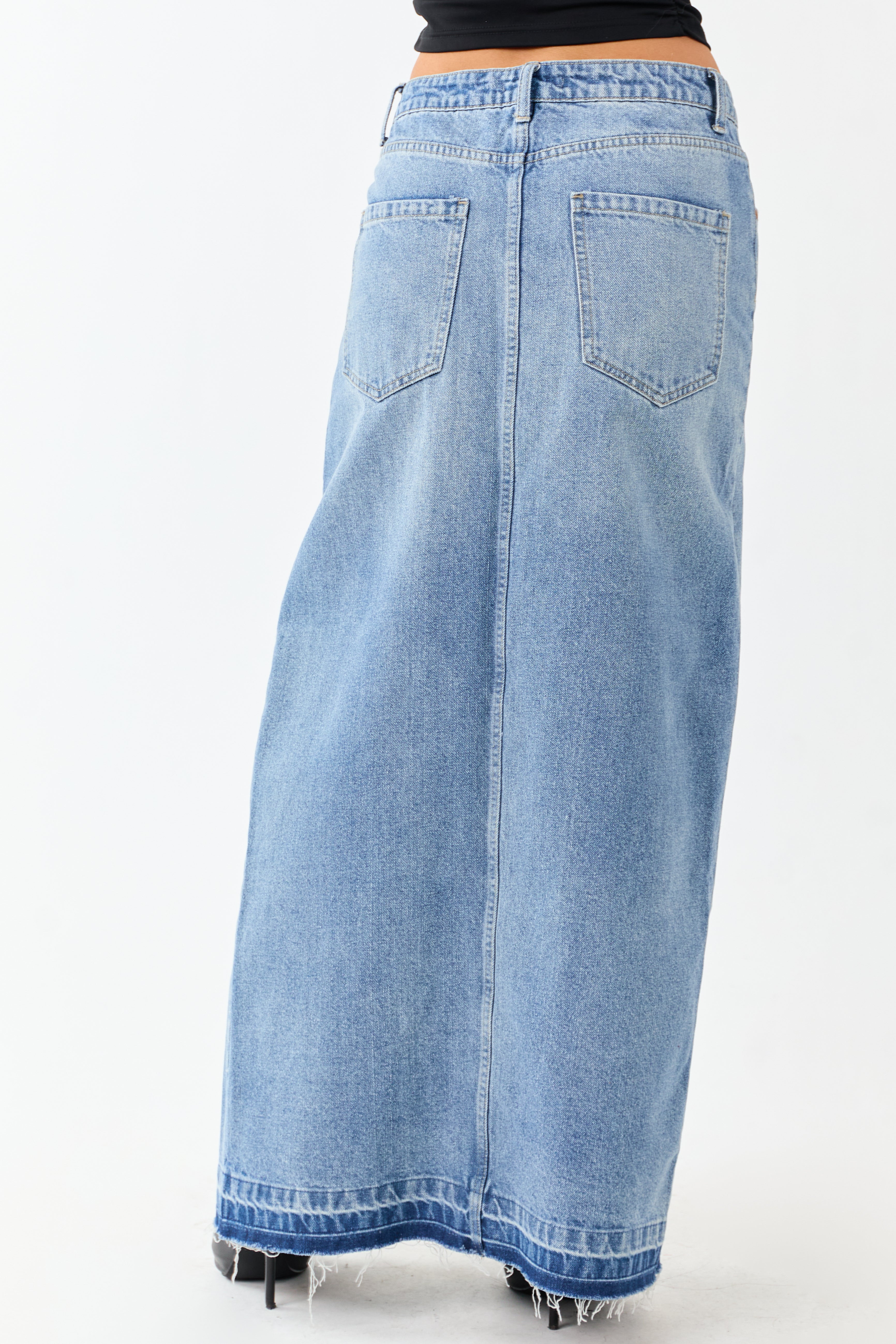 Medium Wash Denim Released Hem Maxi Skirt | Lime Lush Boutique
