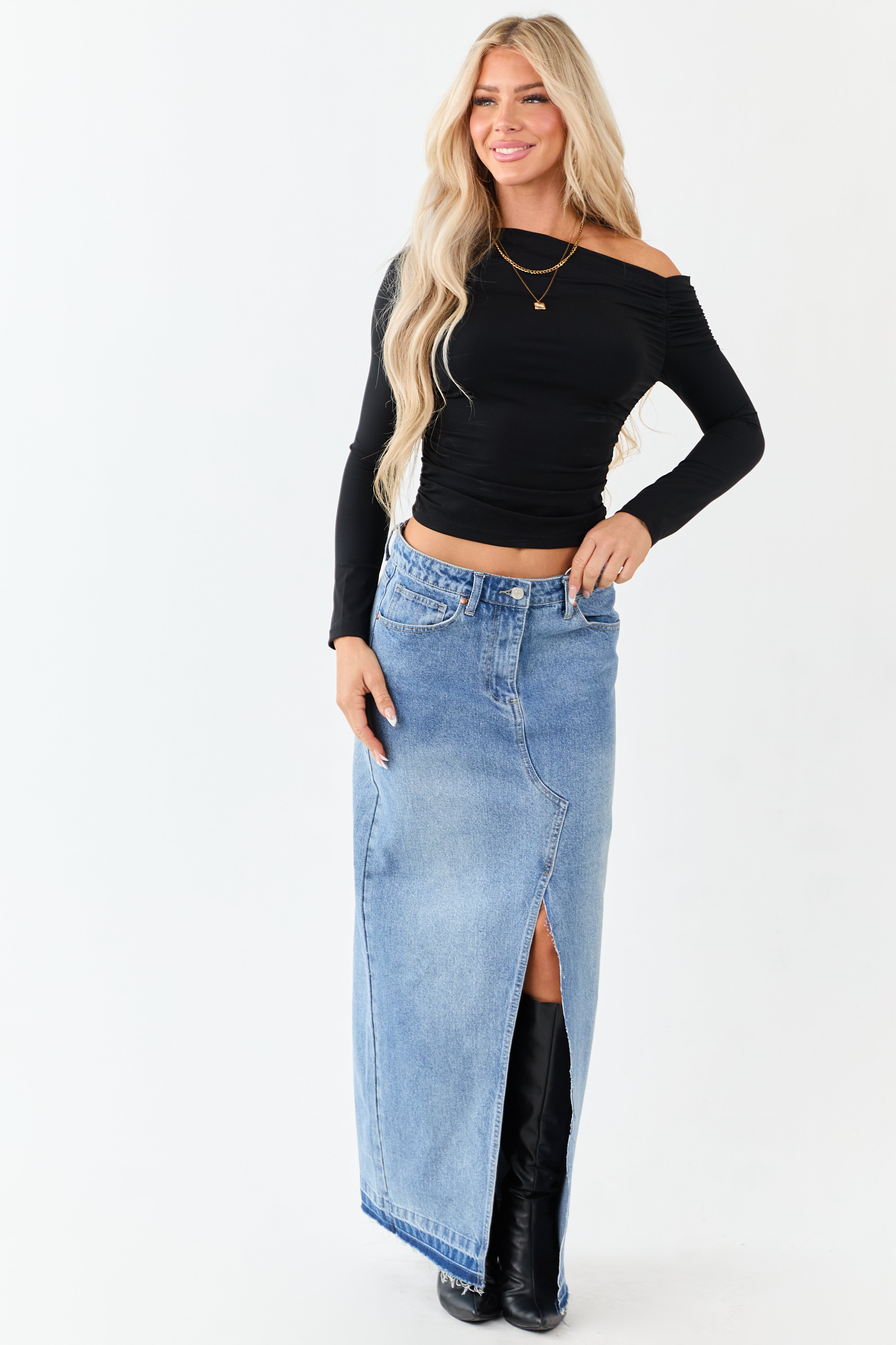 Medium Wash Denim Released Hem Maxi Skirt | Lime Lush Boutique