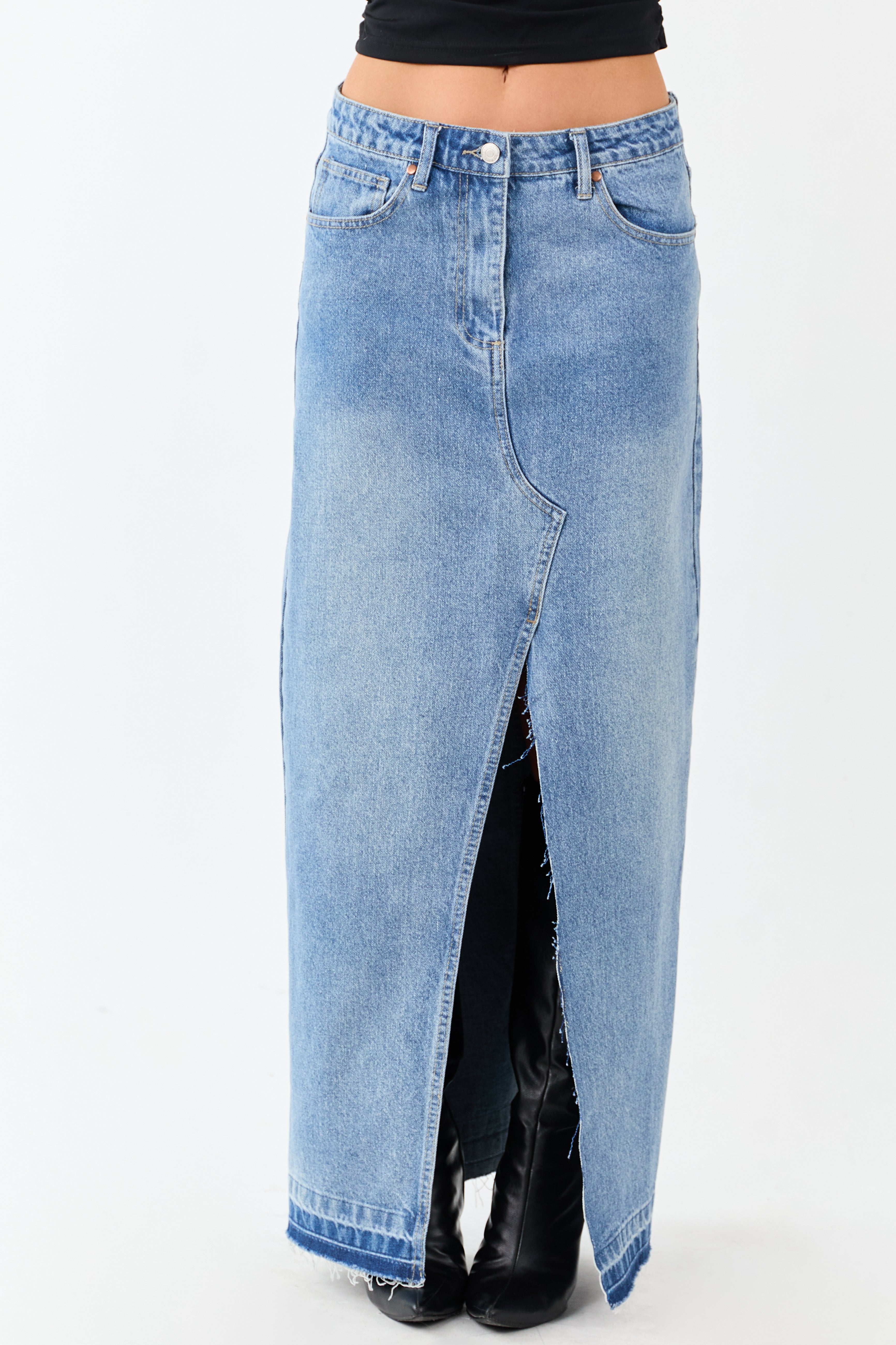 Medium Wash Denim Released Hem Maxi Skirt | Lime Lush Boutique