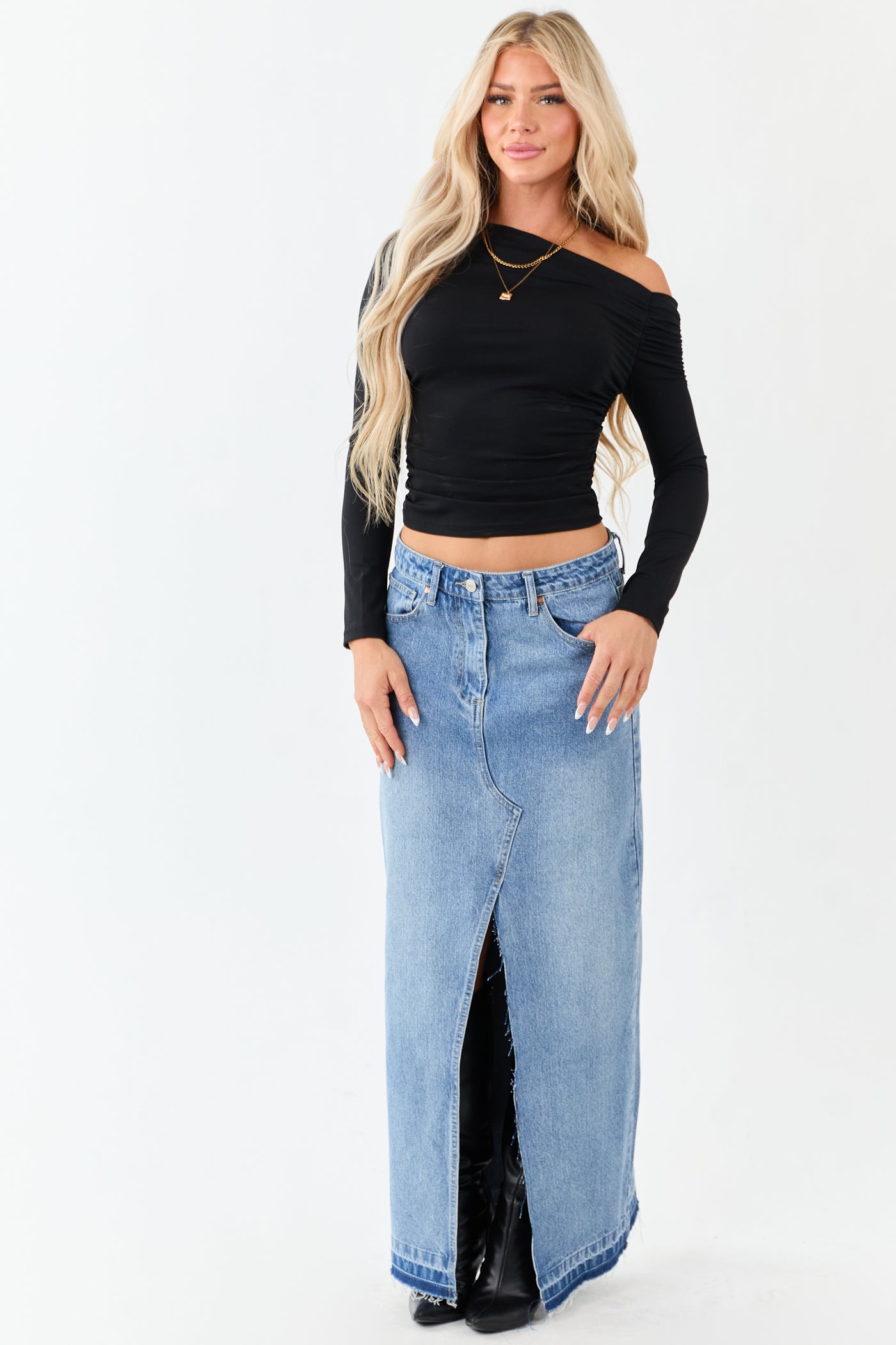 Medium Wash Denim Released Hem Maxi Skirt