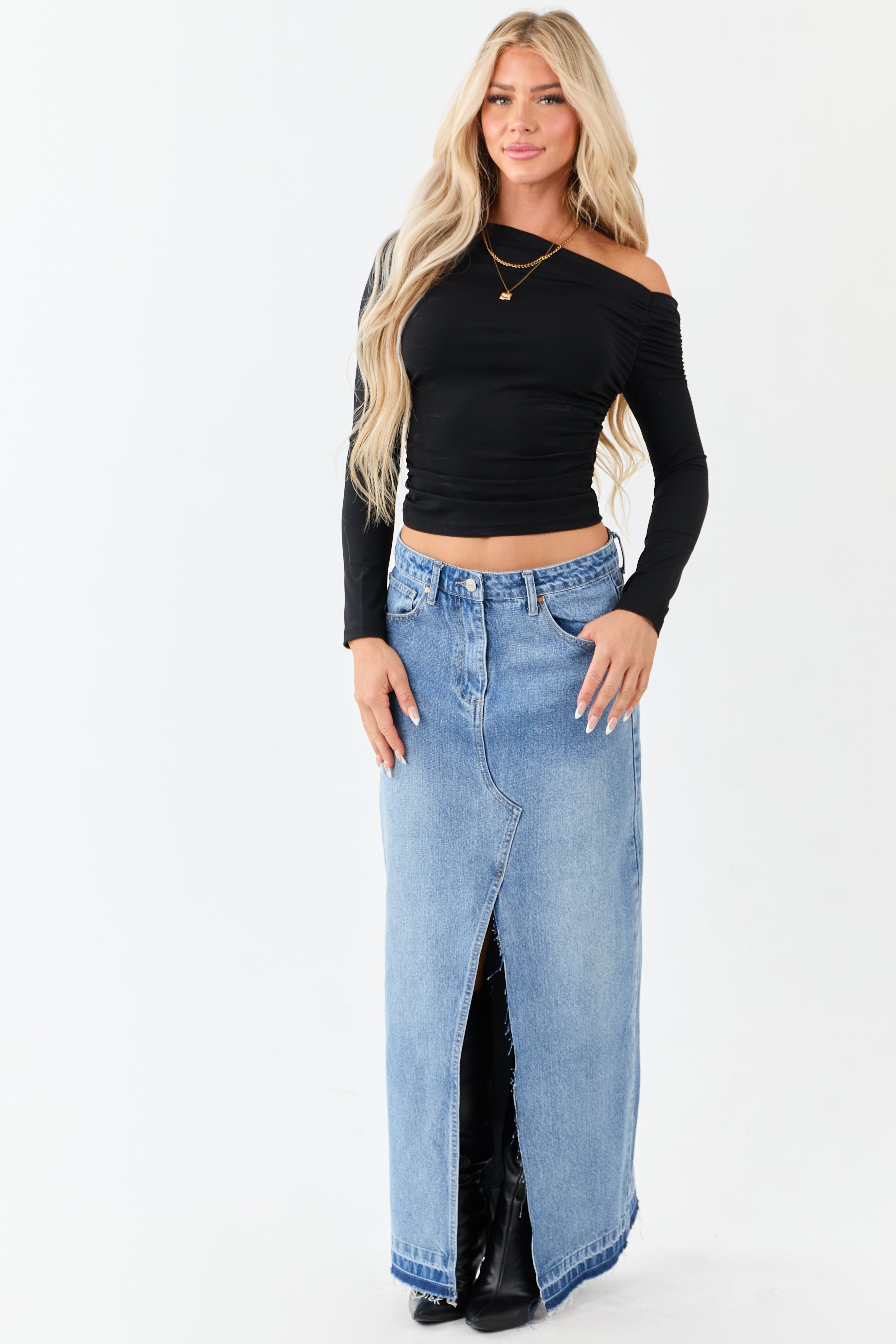 Medium Wash Denim Released Hem Maxi Skirt