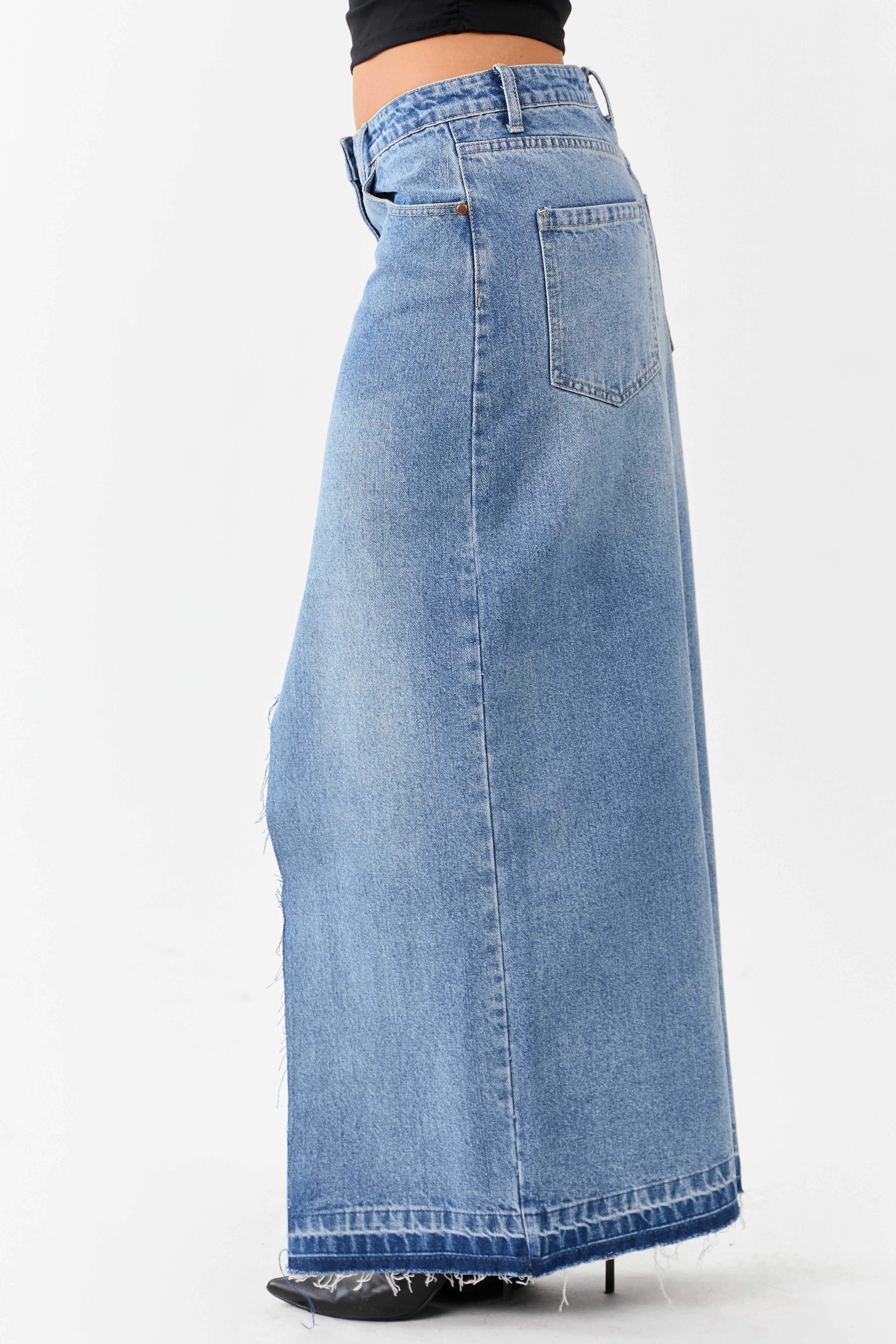 Medium Wash Denim Released Hem Maxi Skirt | Lime Lush Boutique