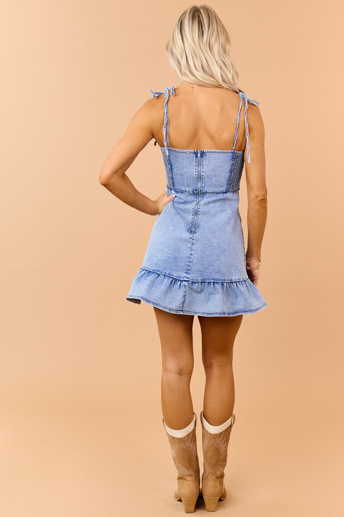 Medium Wash Denim Ruffle Hem Tie Strap Mini Dress