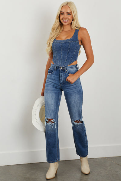 Medium Wash Denim Sleeveless Corset Top