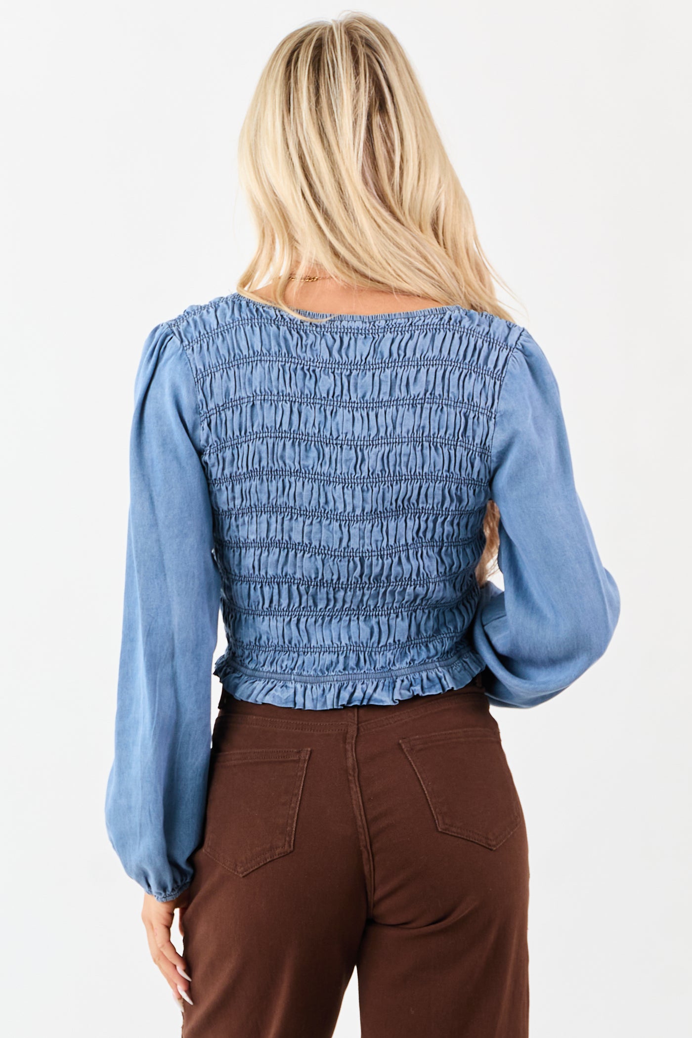 Medium Wash Denim Smocked Long Sleeve Blouse