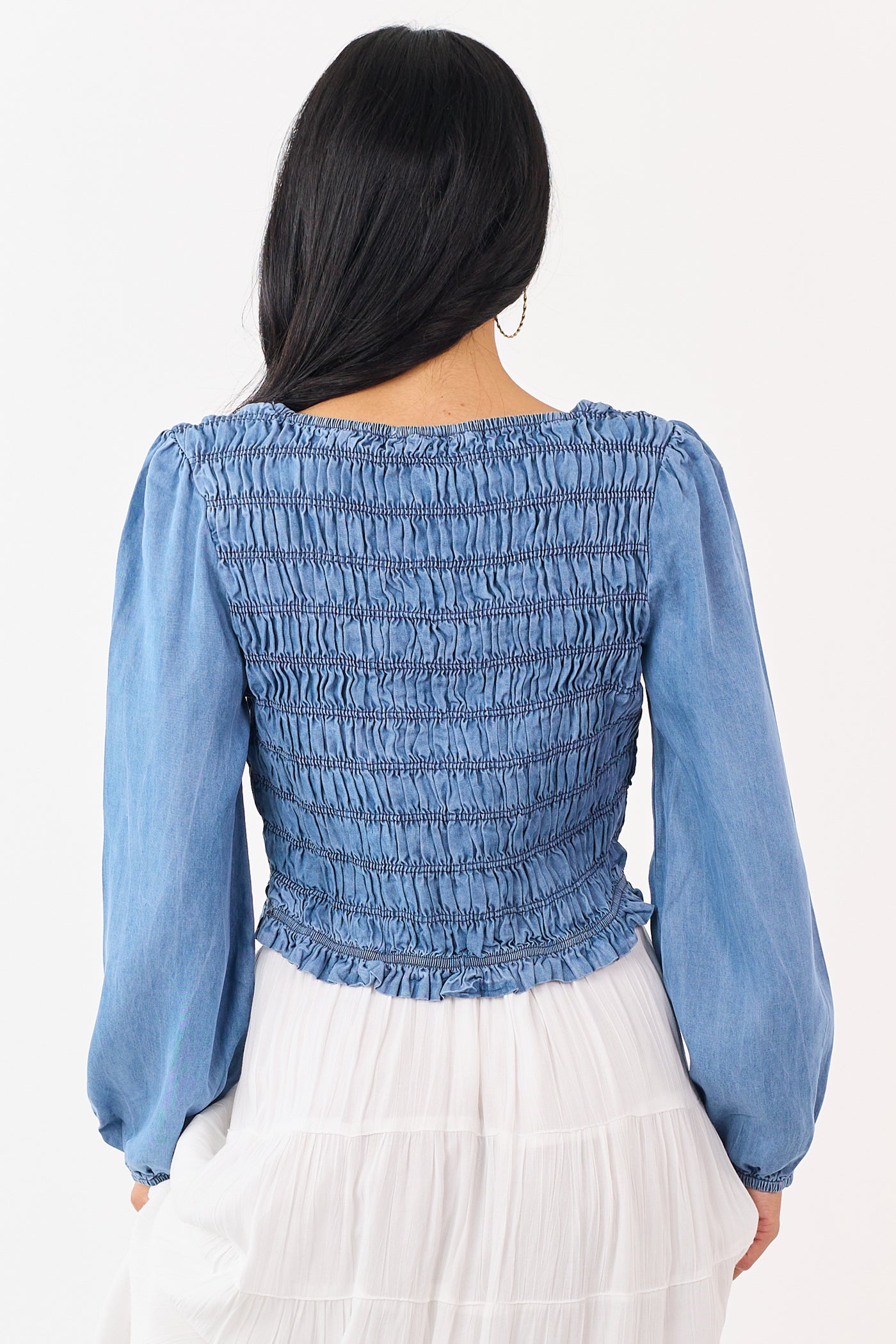 Medium Wash Denim Smocked Long Sleeve Blouse