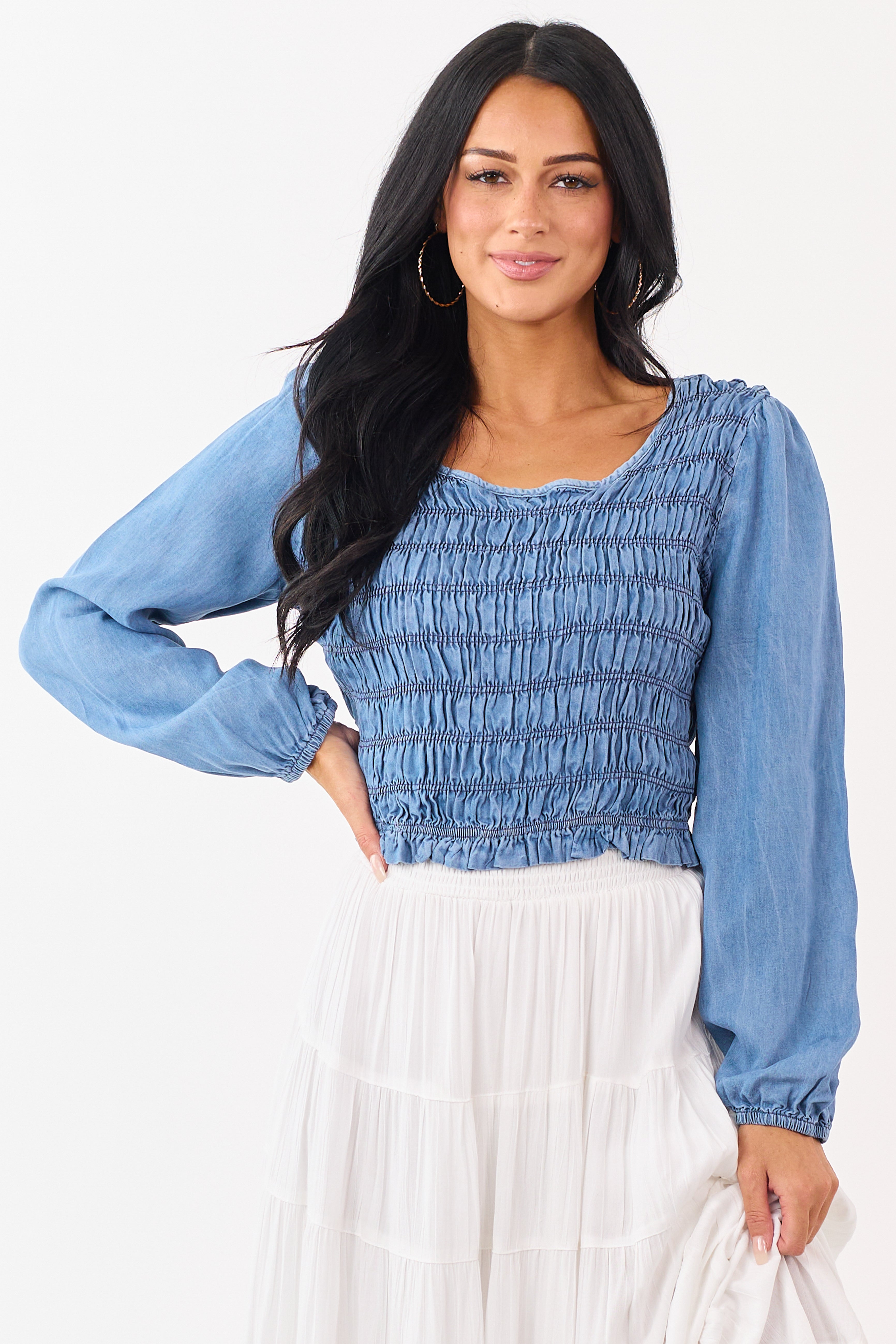 Medium Wash Denim Smocked Long Sleeve Blouse