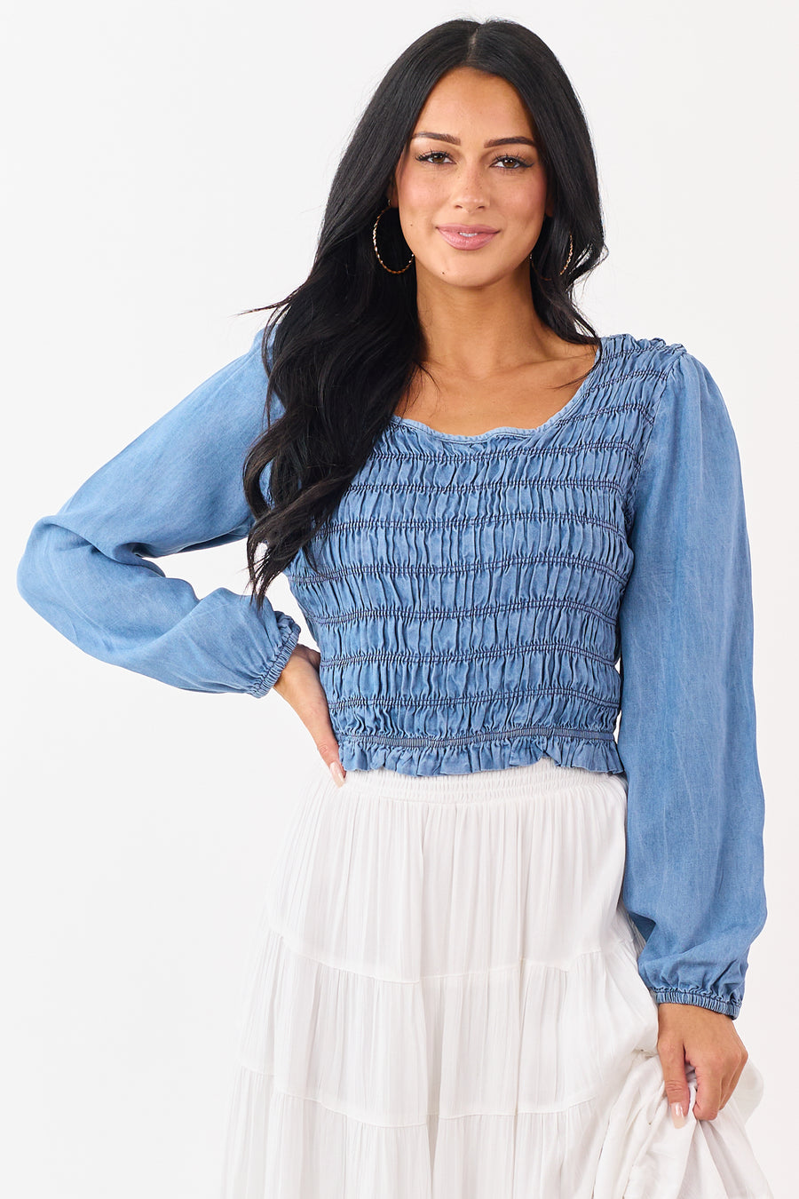 Medium Wash Denim Smocked Long Sleeve Blouse