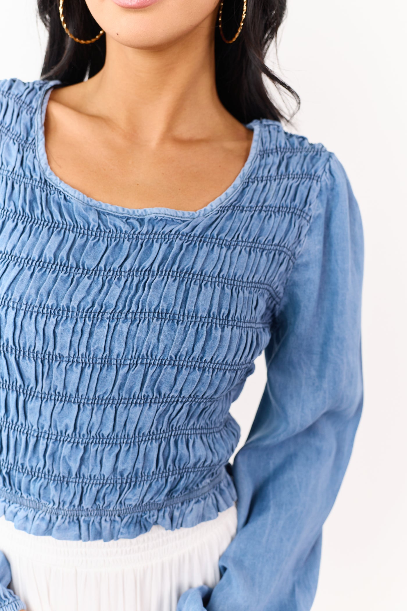 Medium Wash Denim Smocked Long Sleeve Blouse