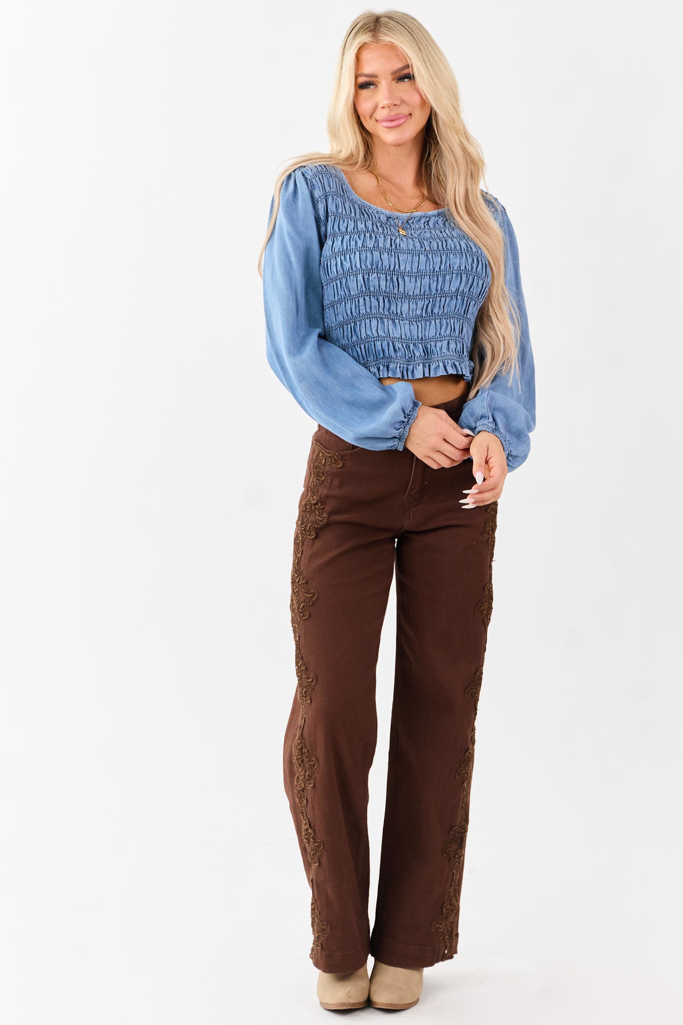 Medium Wash Denim Smocked Long Sleeve Blouse