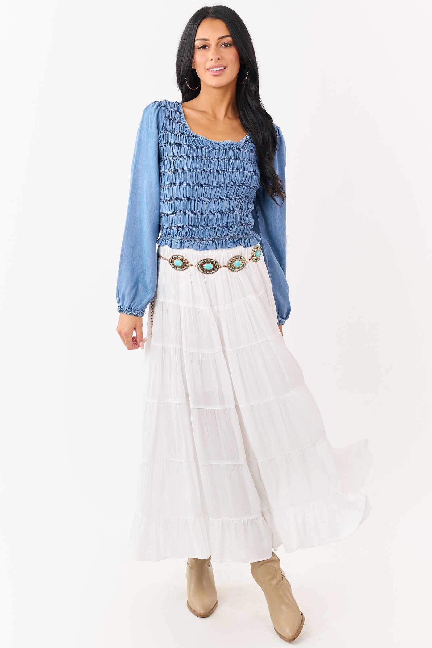 Medium Wash Denim Smocked Long Sleeve Blouse