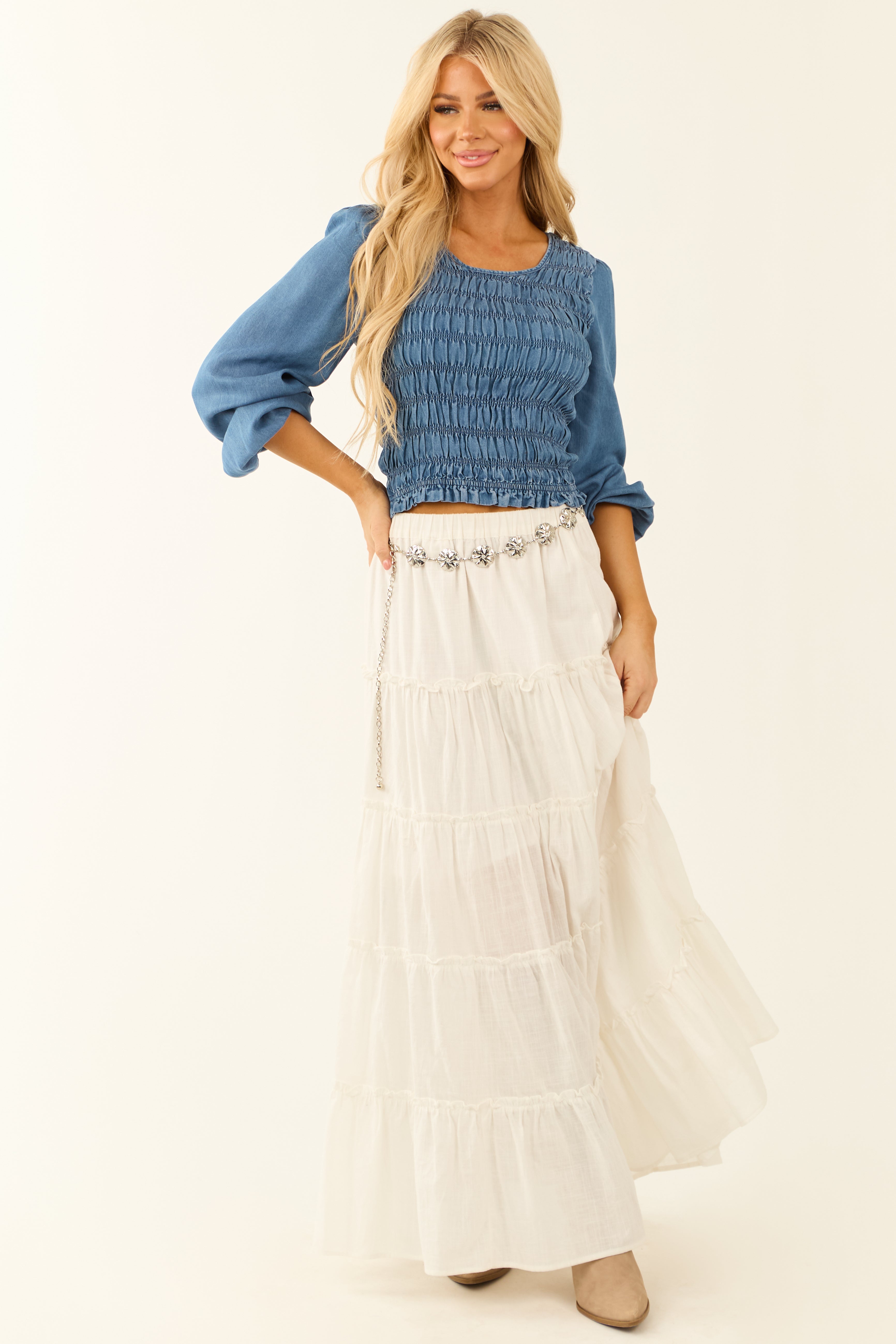 Medium Wash Denim Smocked Long Sleeve Blouse