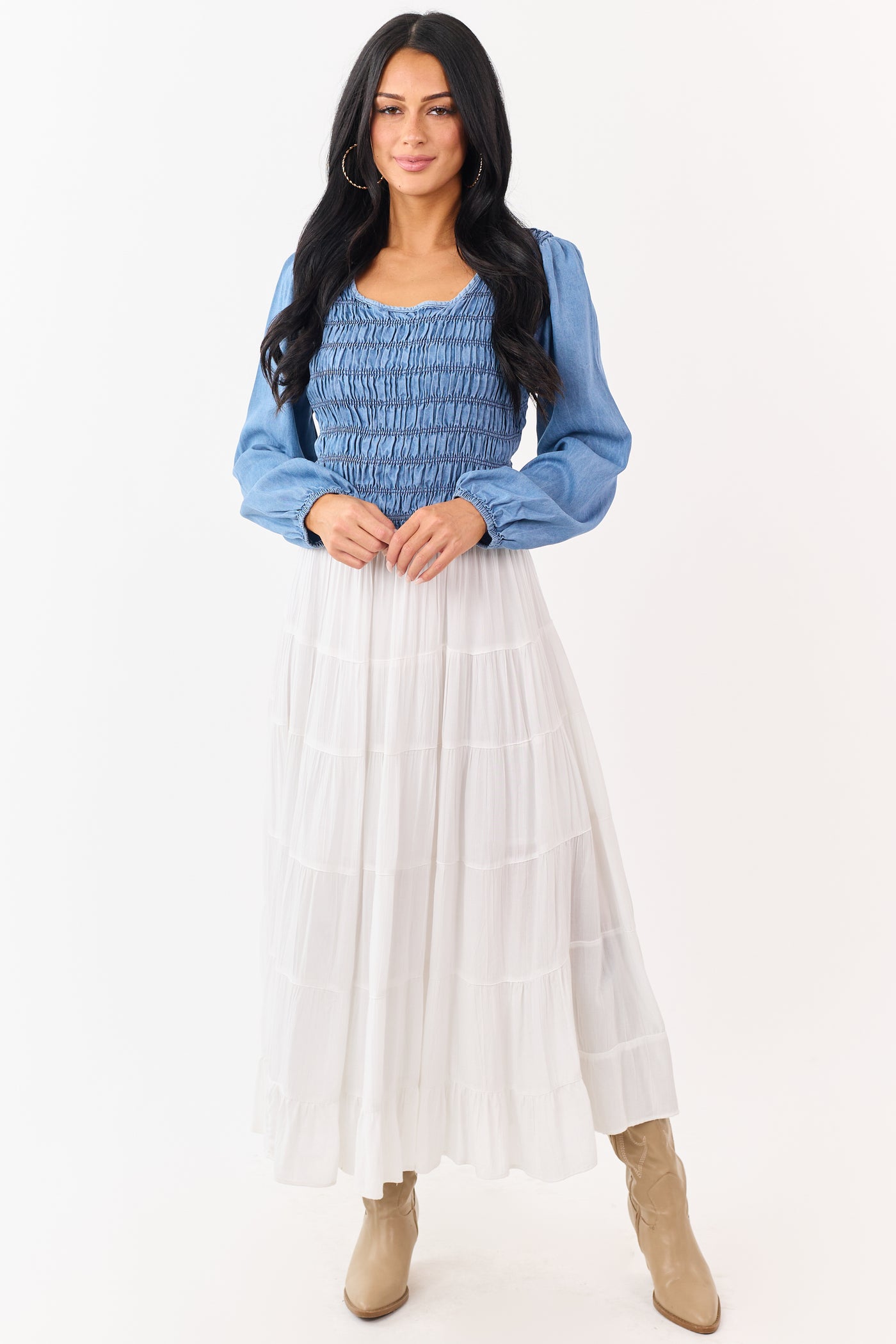 Medium Wash Denim Smocked Long Sleeve Blouse