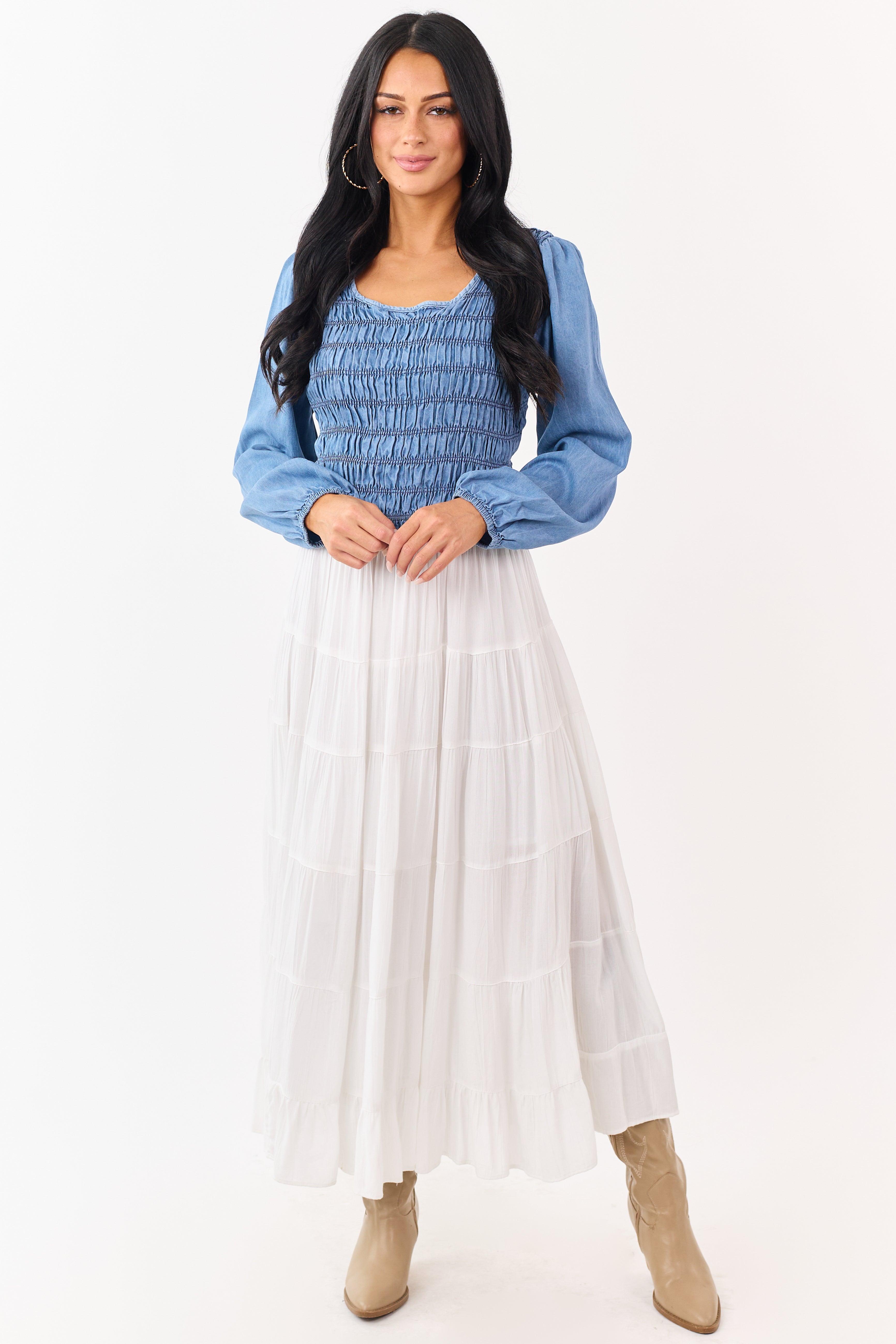 Medium Wash Denim Smocked Long Sleeve Blouse