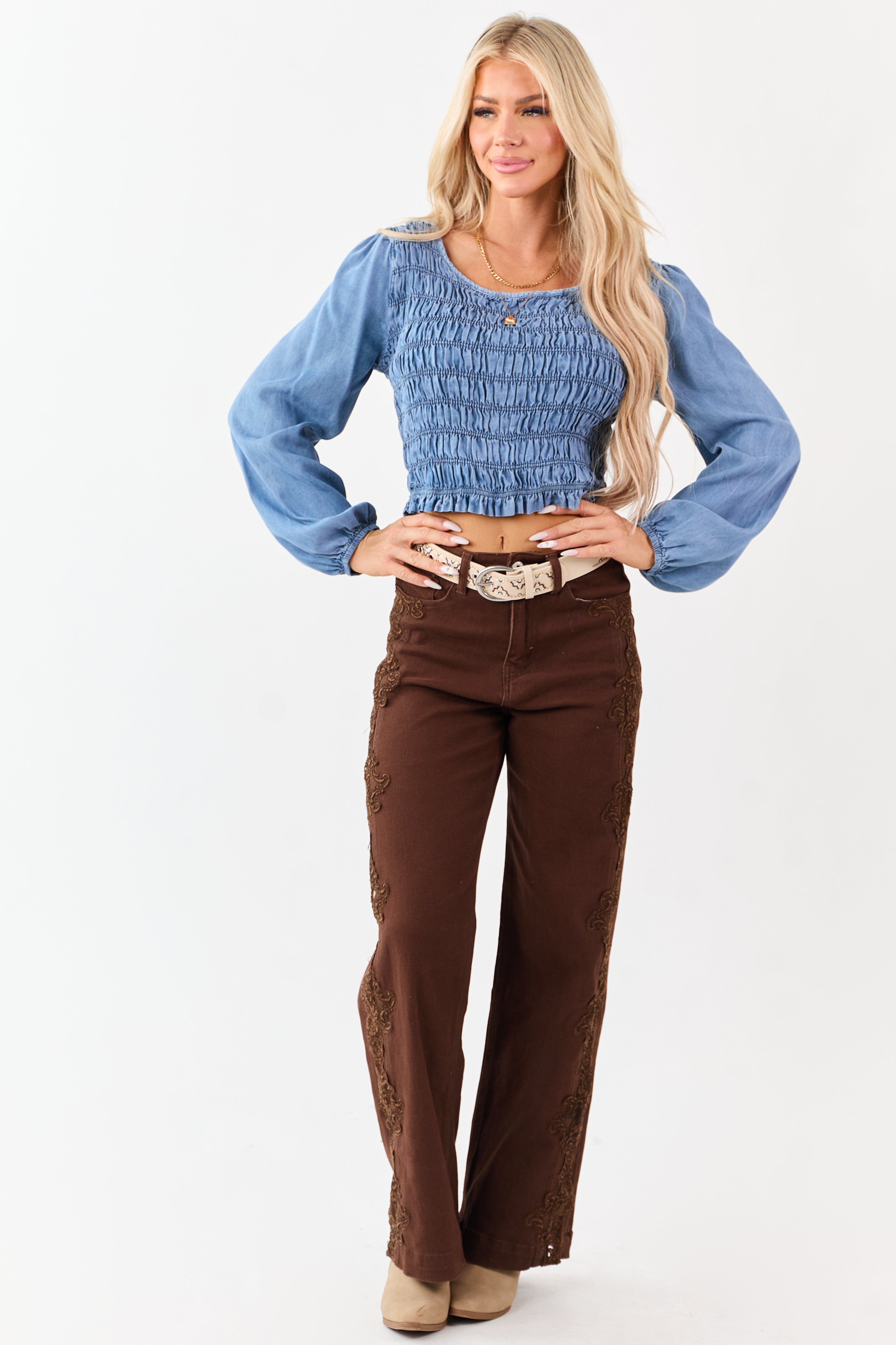 Medium Wash Denim Smocked Long Sleeve Blouse