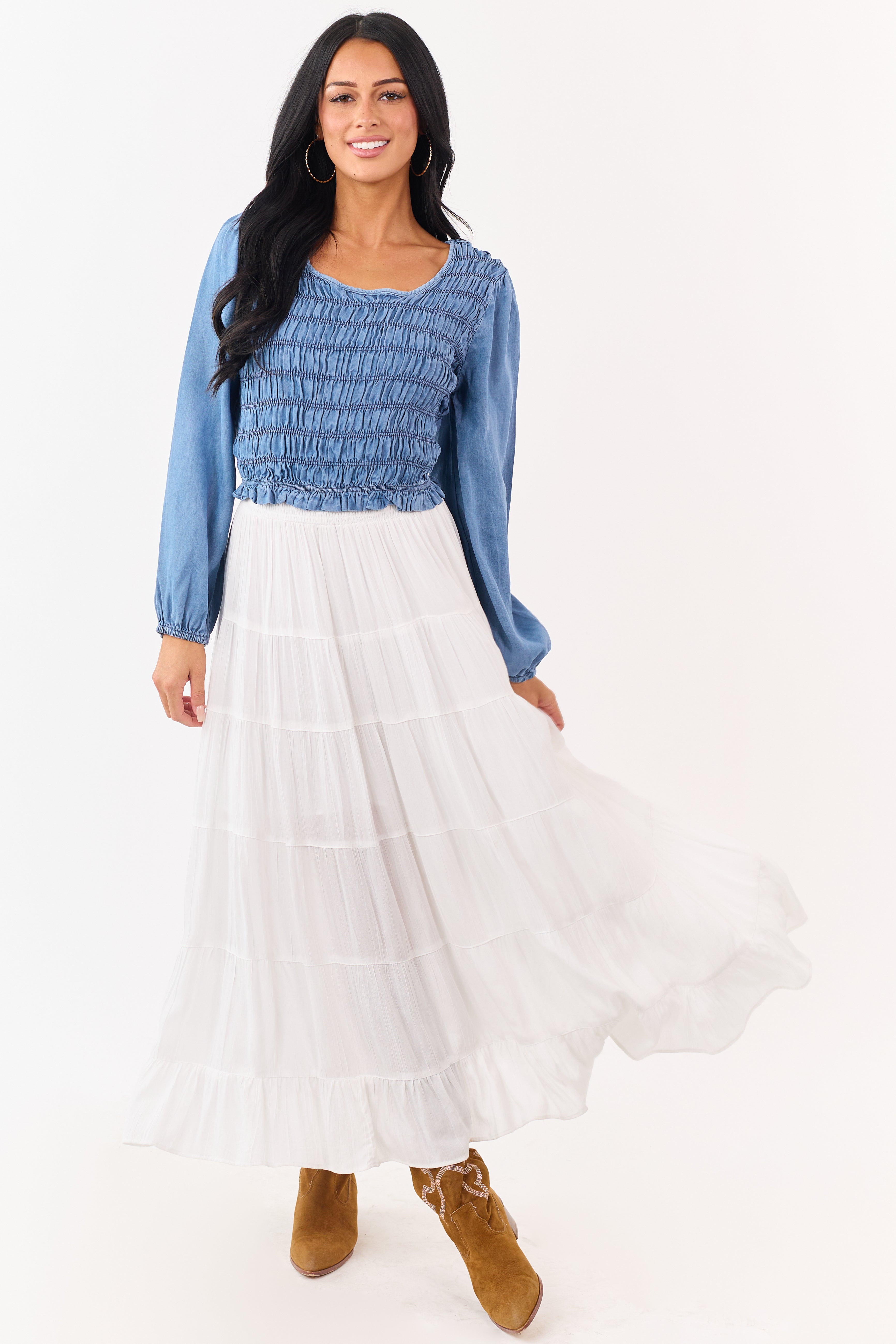 Medium Wash Denim Smocked Long Sleeve Blouse