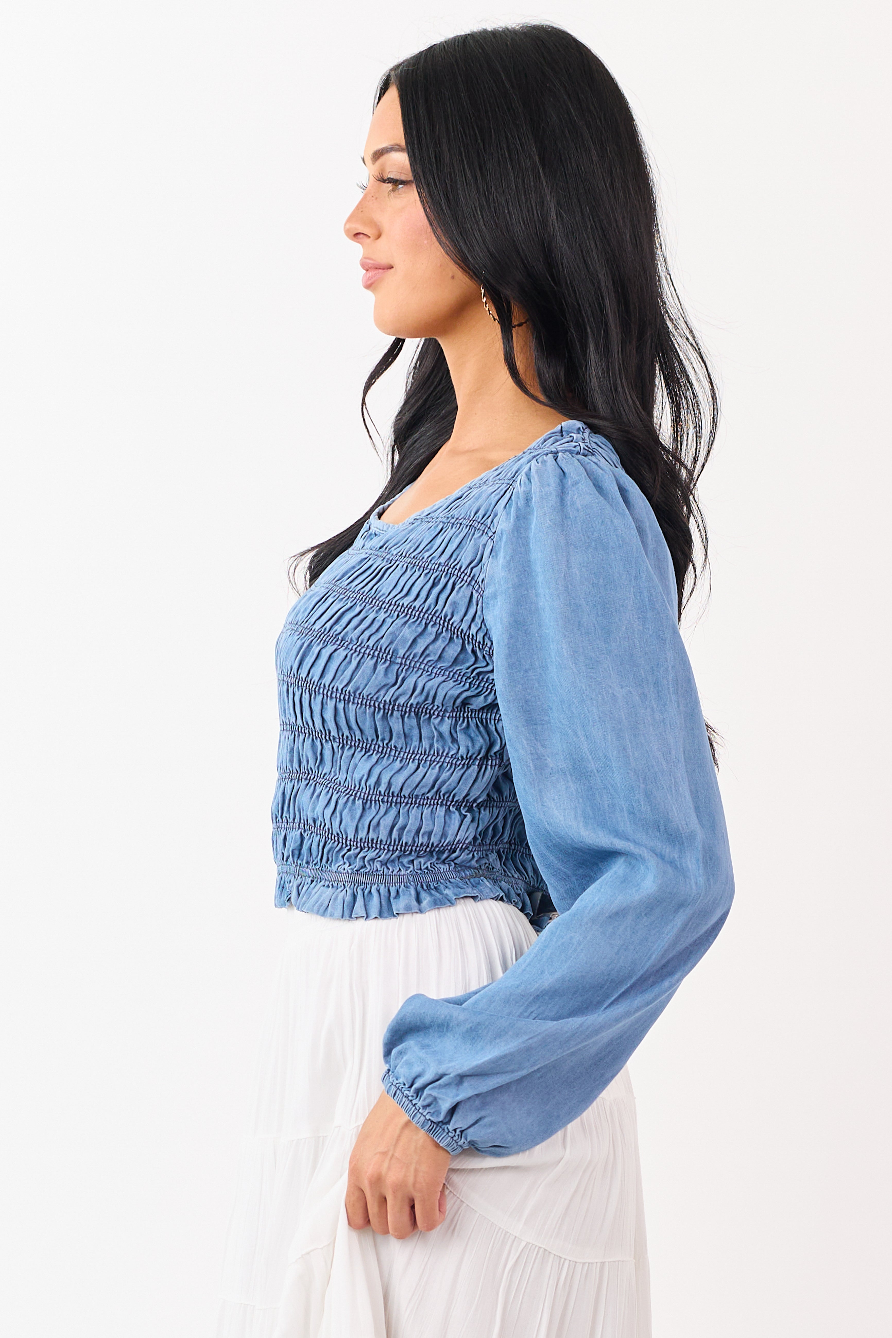 Medium Wash Denim Smocked Long Sleeve Blouse