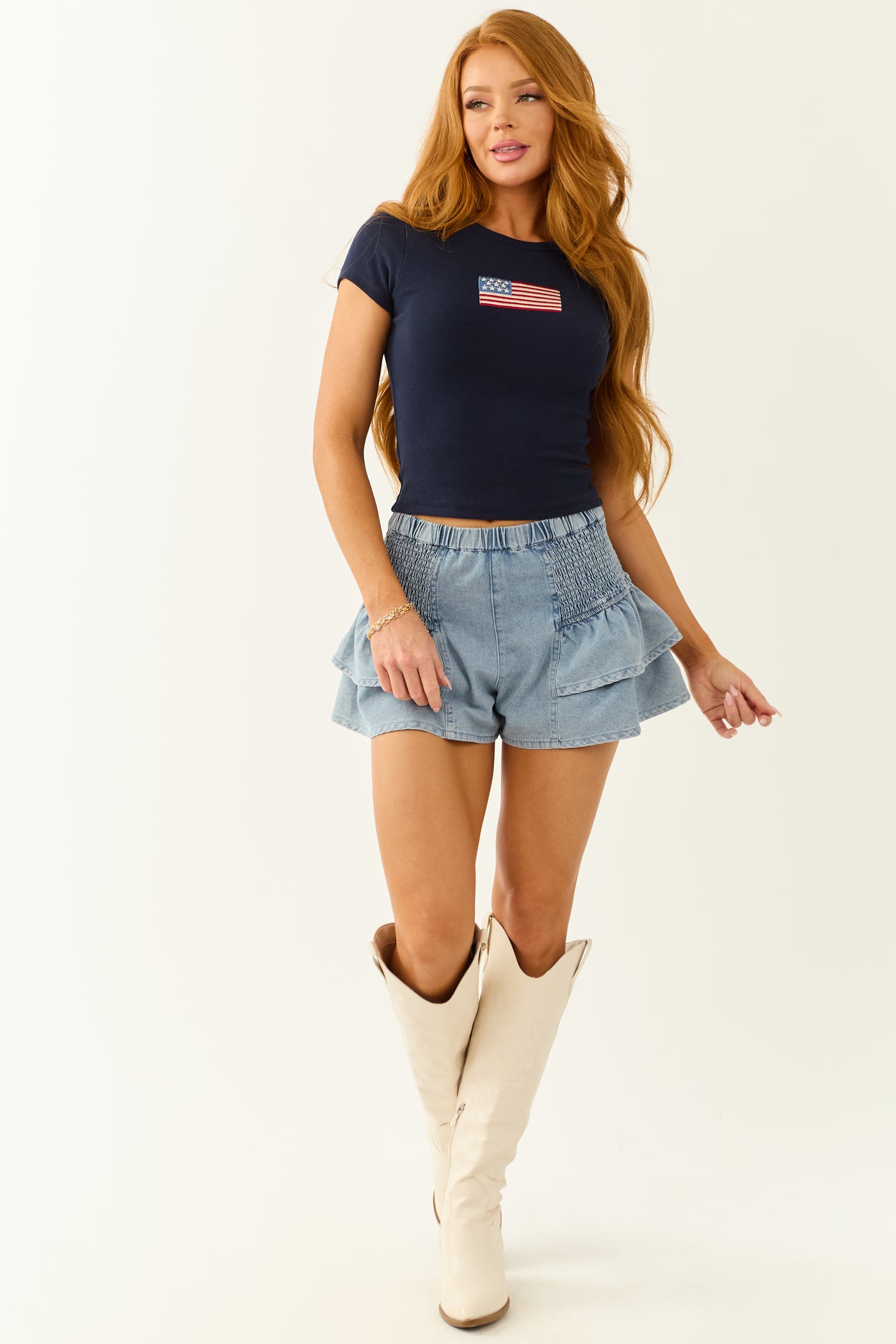 Medium Wash Denim Smocked Tiered Ruffle Shorts