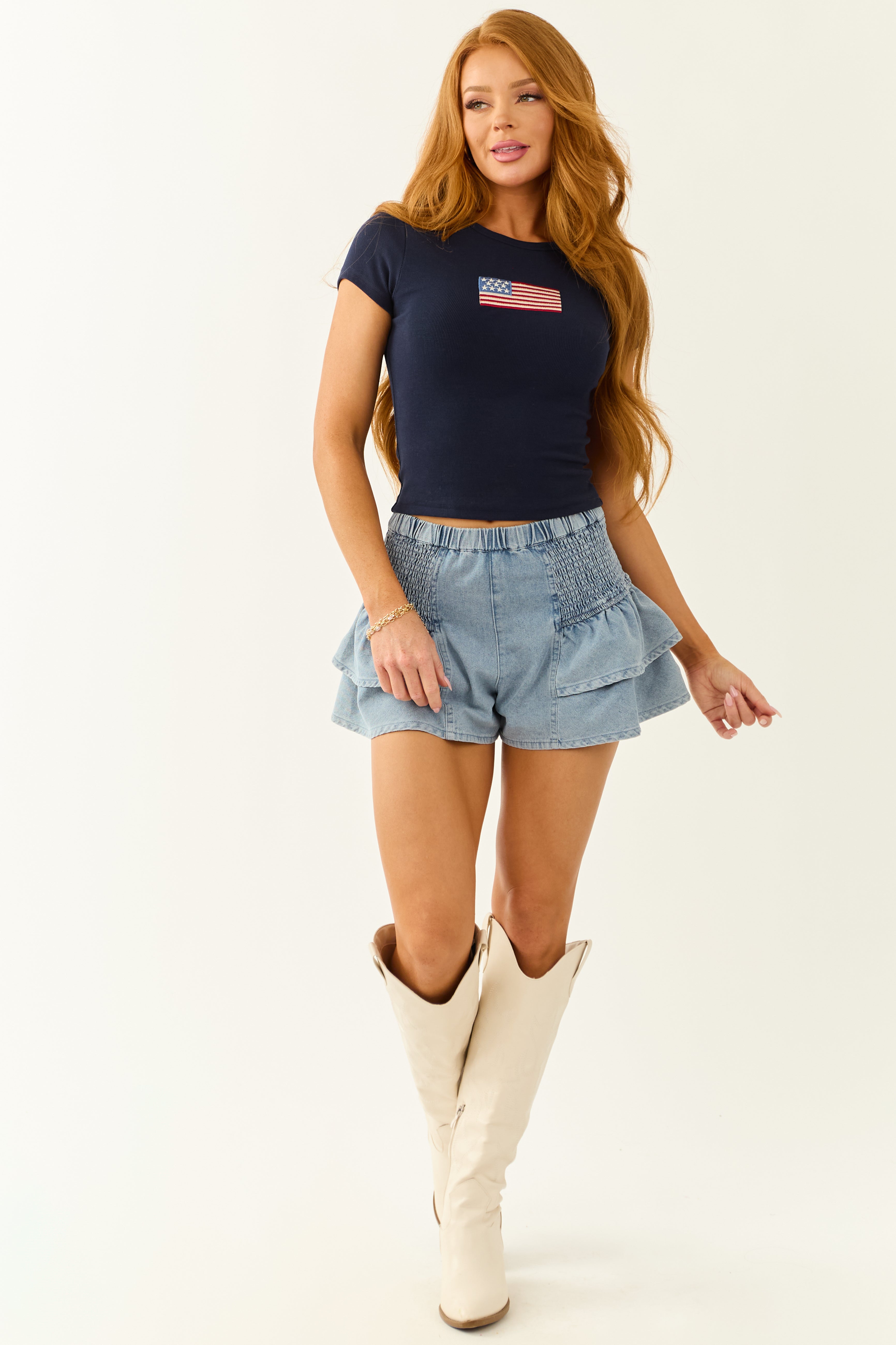 Medium Wash Denim Smocked Tiered Ruffle Shorts