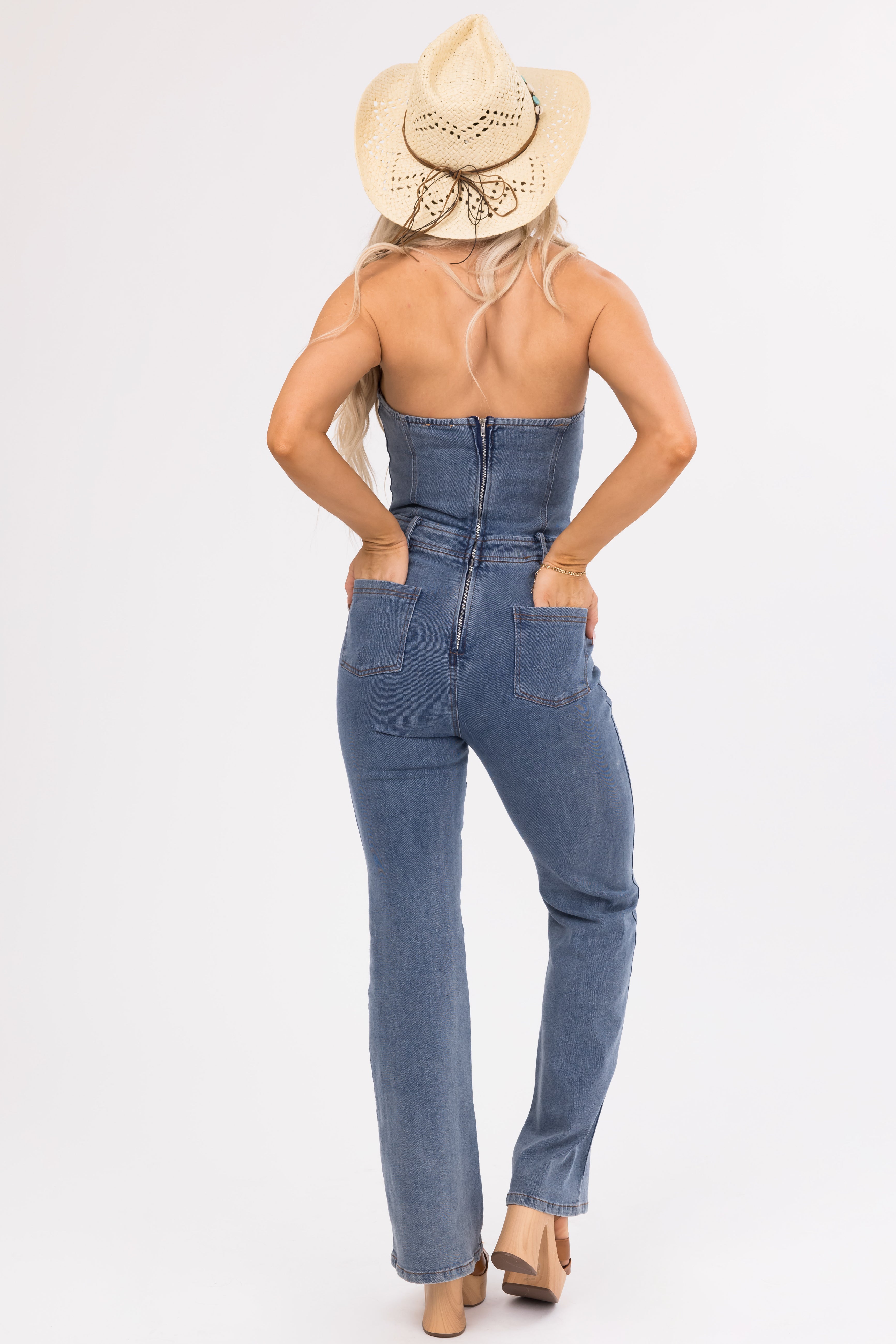 Medium Wash Denim Strapless Belt Loop Jumpsuit | Lime Lush Boutique