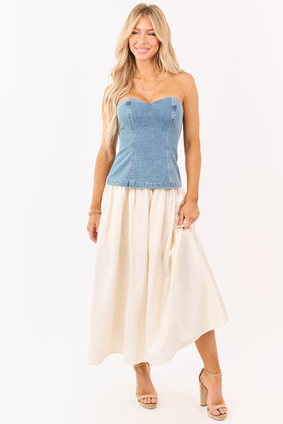 Medium Wash Denim Strapless Contrast Midi Dress