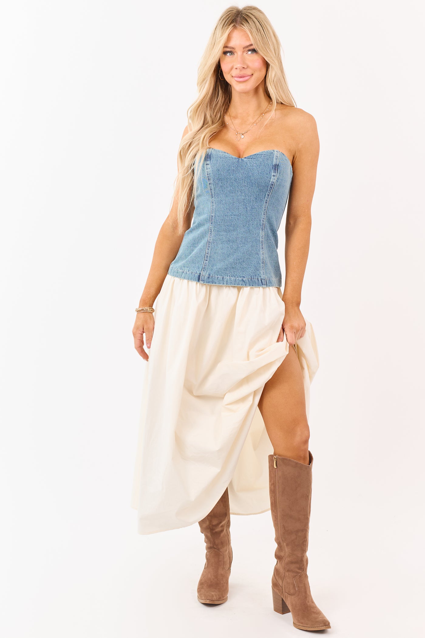 contrast midi dress Medium Wash Denim Strapless Contrast Midi Dress