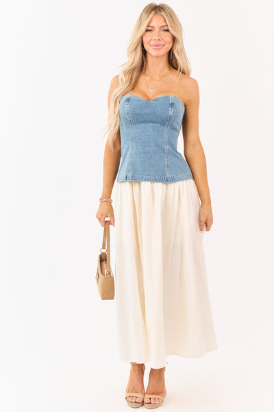 Medium Wash Denim Strapless Contrast Midi Dress