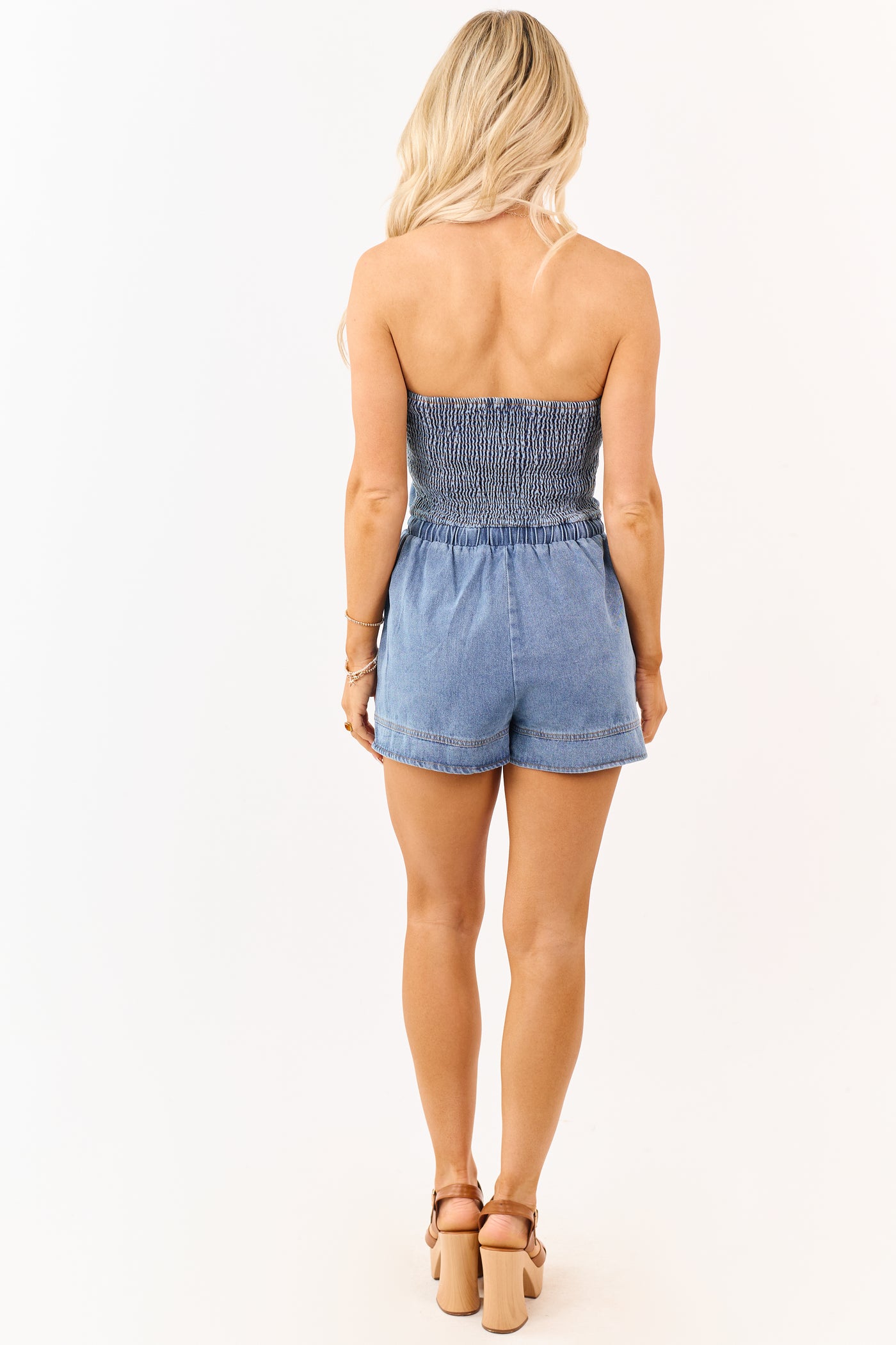 Medium Wash Denim Strapless Elastic Waist Romper