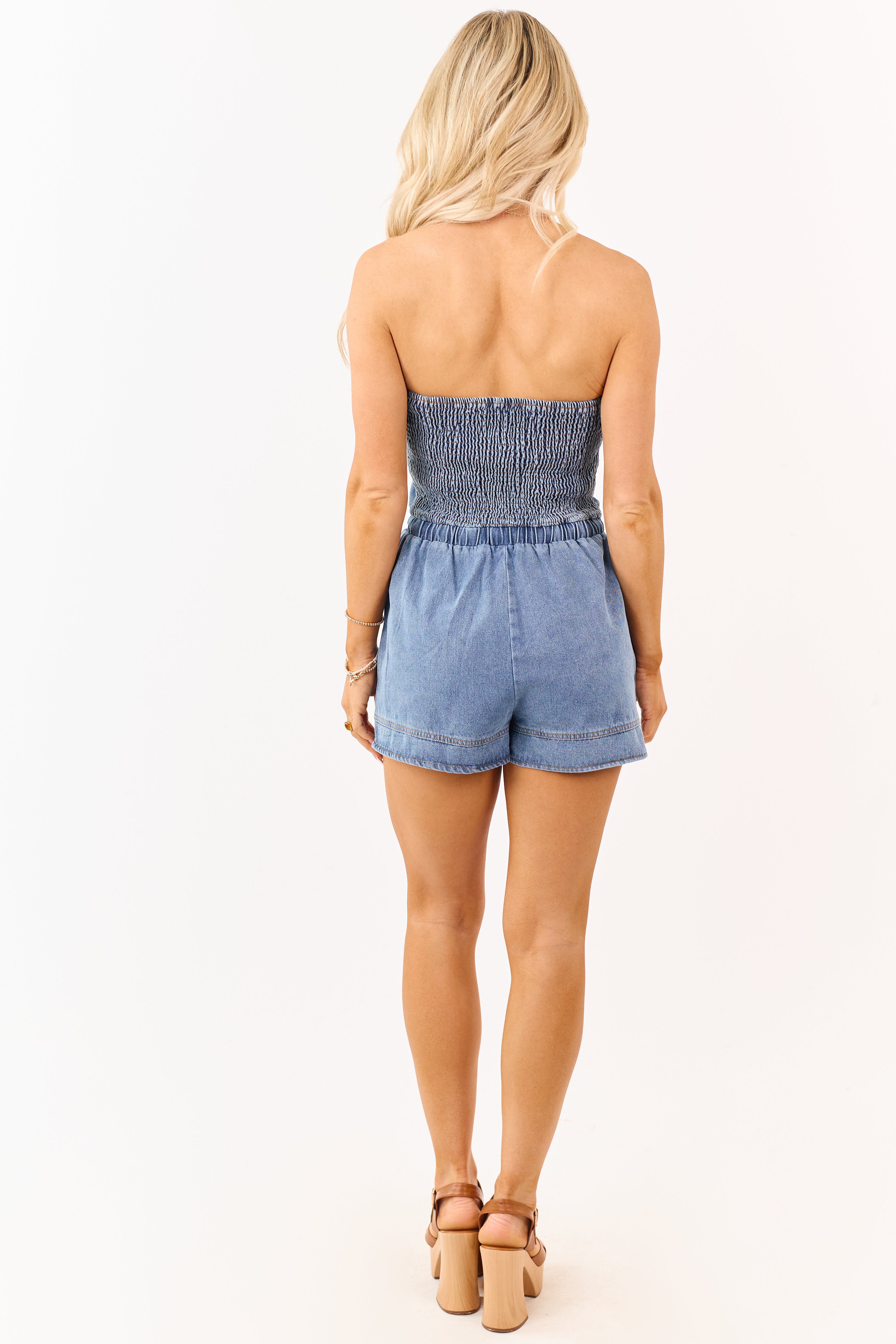 Medium Wash Denim Strapless Elastic Waist Romper