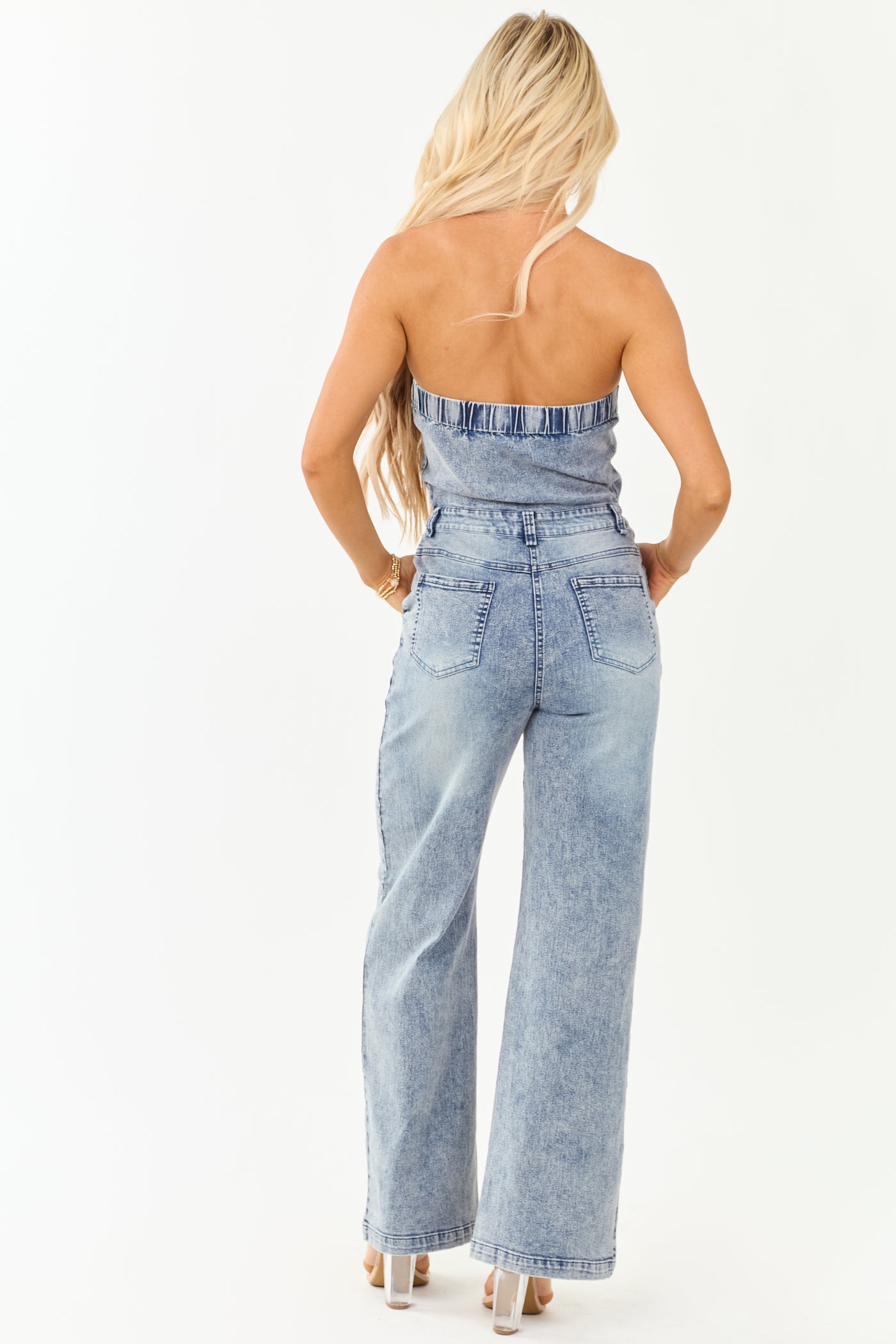 Medium Wash Denim Strapless Wide Leg Jumpsuit