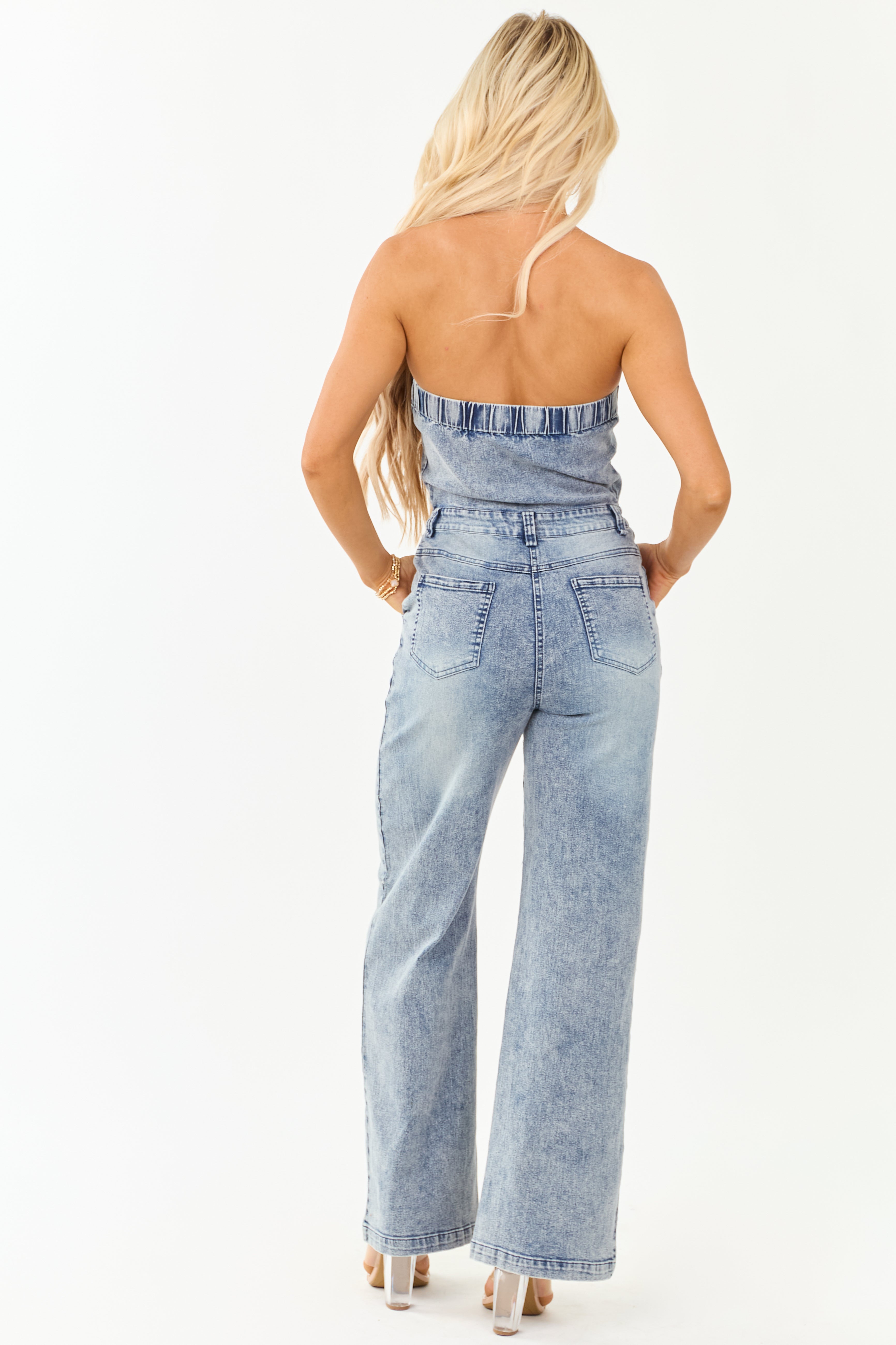 Medium Wash Denim Strapless Wide Leg Jumpsuit