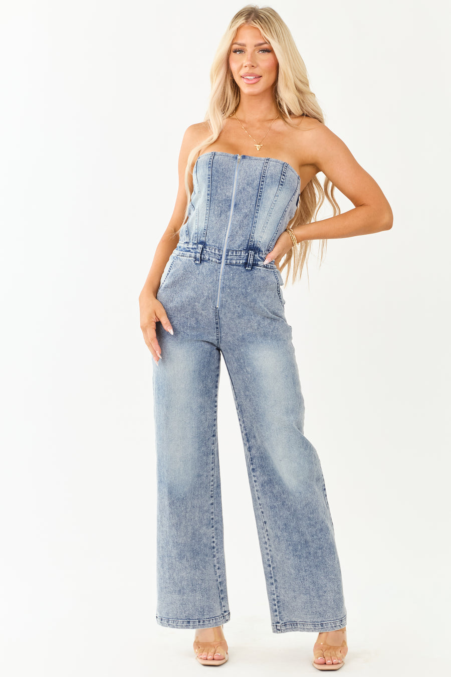 Medium Wash Denim Strapless Wide Leg Jumpsuit