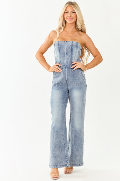 Medium Wash Denim Strapless Wide Leg Jumpsuit