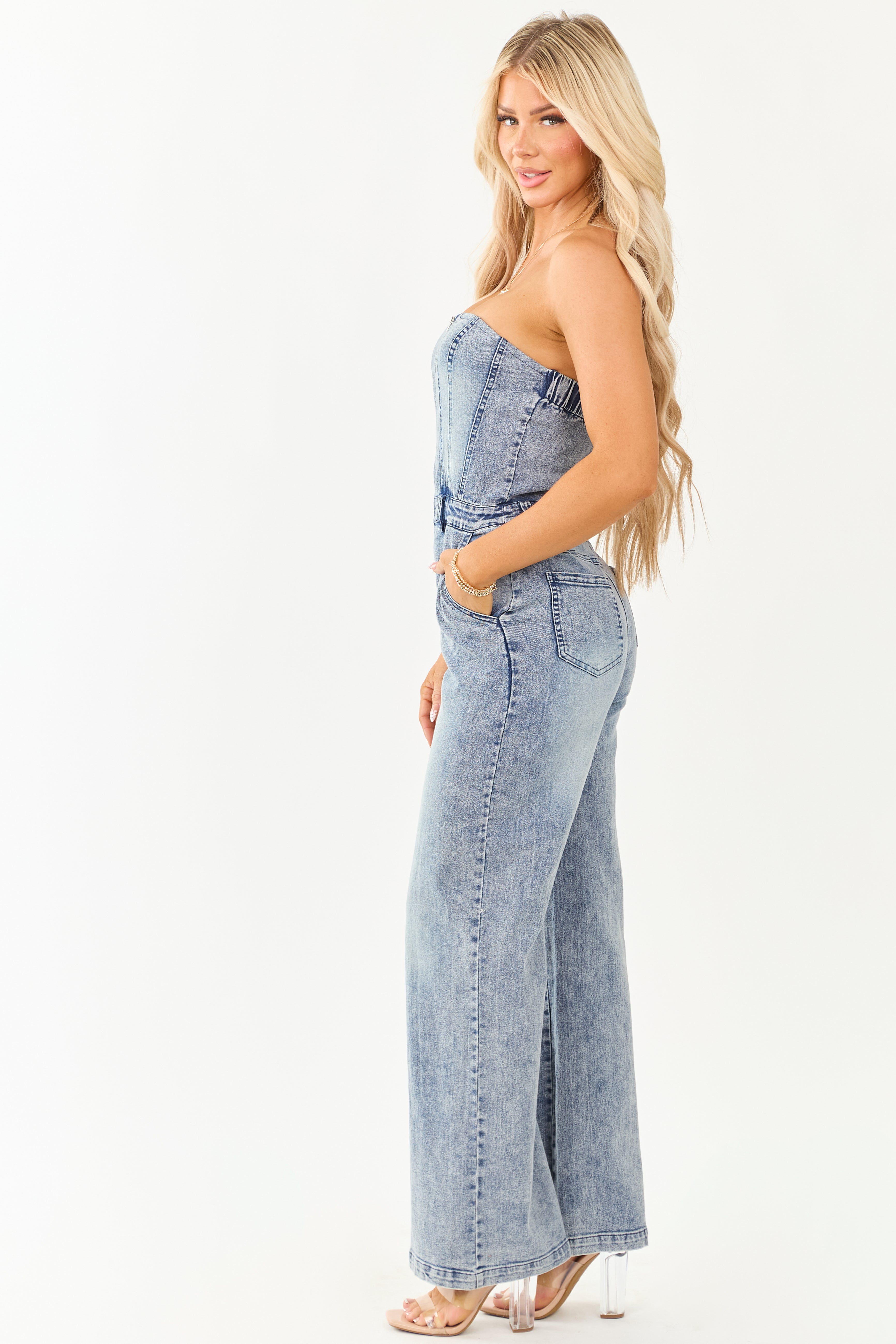 Medium Wash Denim Strapless Wide Leg Jumpsuit