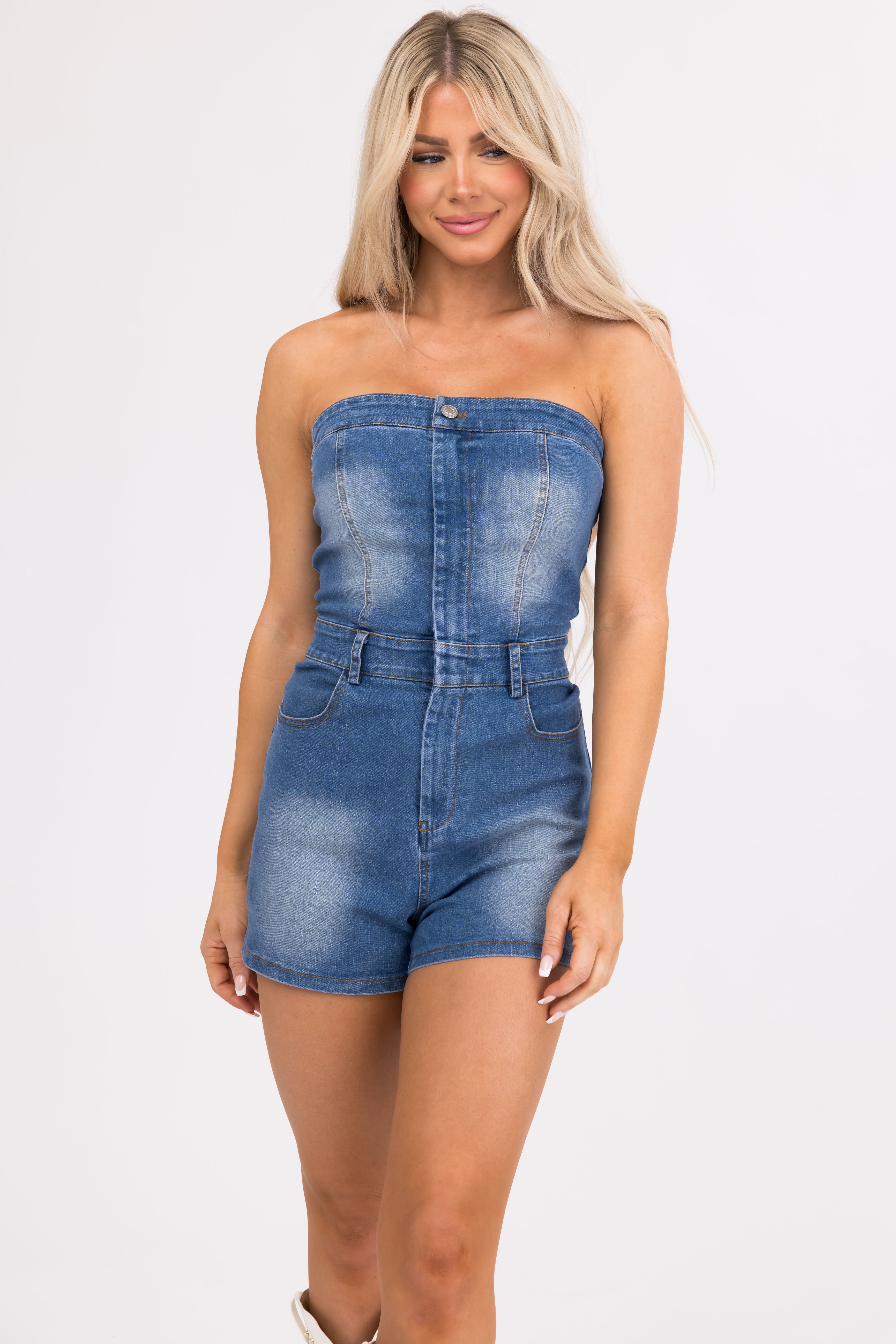 Medium Wash Denim Strapless Zip Up Romper | Lime Lush Boutique