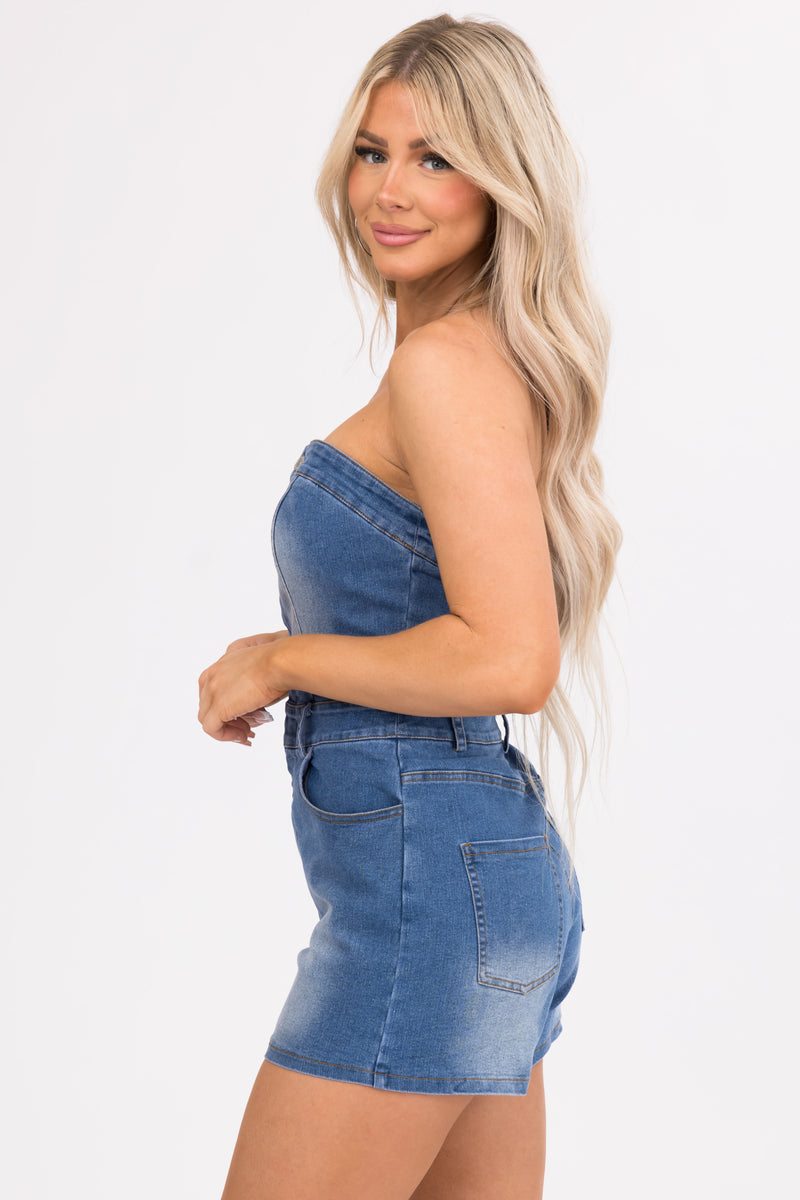Medium Wash Denim Strapless Zip Up Romper Lime Lush Boutique
