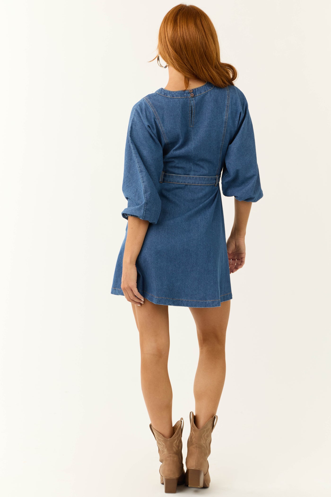 Medium Wash Denim V Notch Neck Flare Mini Dress Medium Wash Denim V Notch Neck Flare Mini Dress