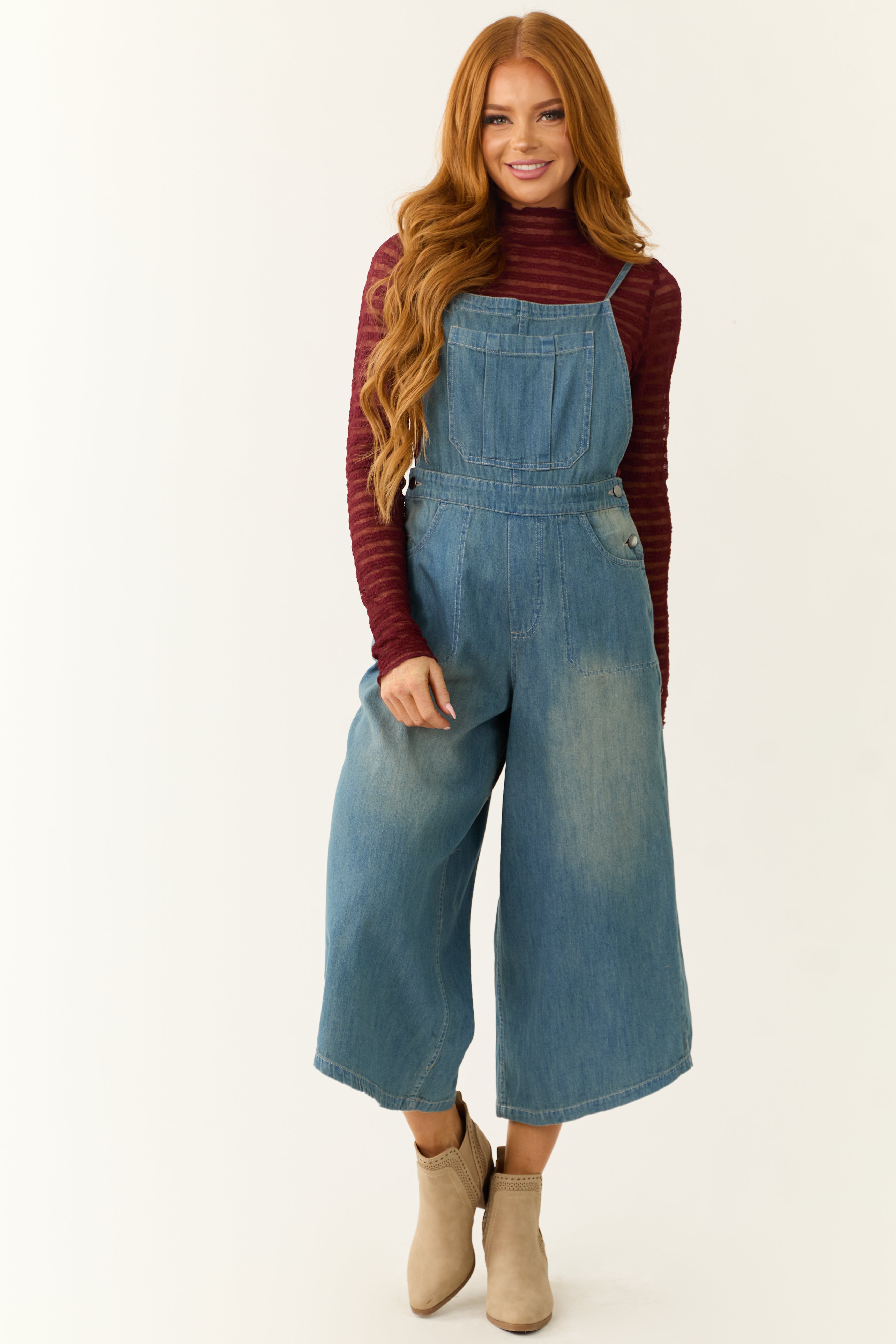 Medium Wash Denim Wide Leg Overalls Jumpsuit | Lime Lush Boutique