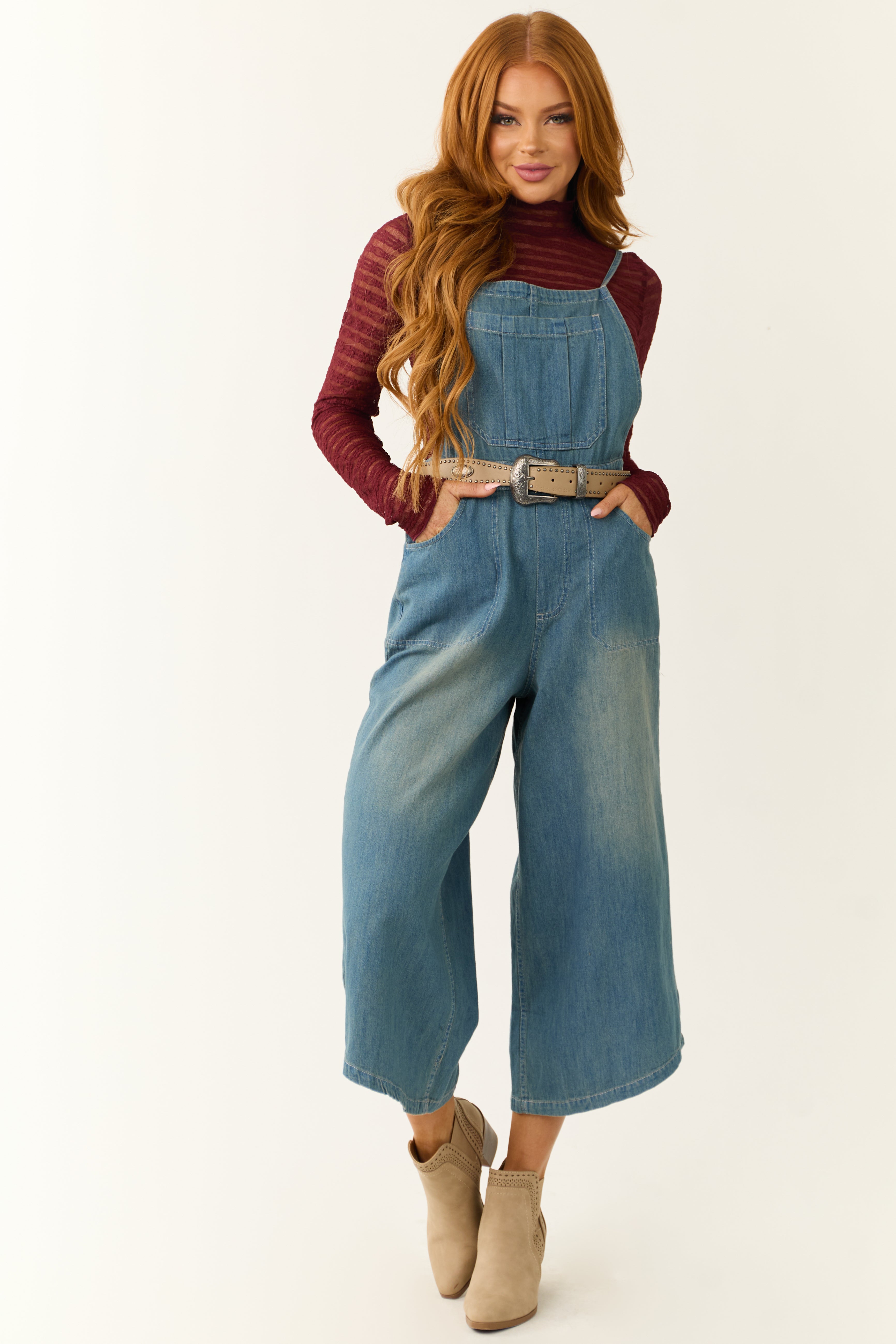 Medium Wash Denim Wide Leg Overalls Jumpsuit | Lime Lush Boutique