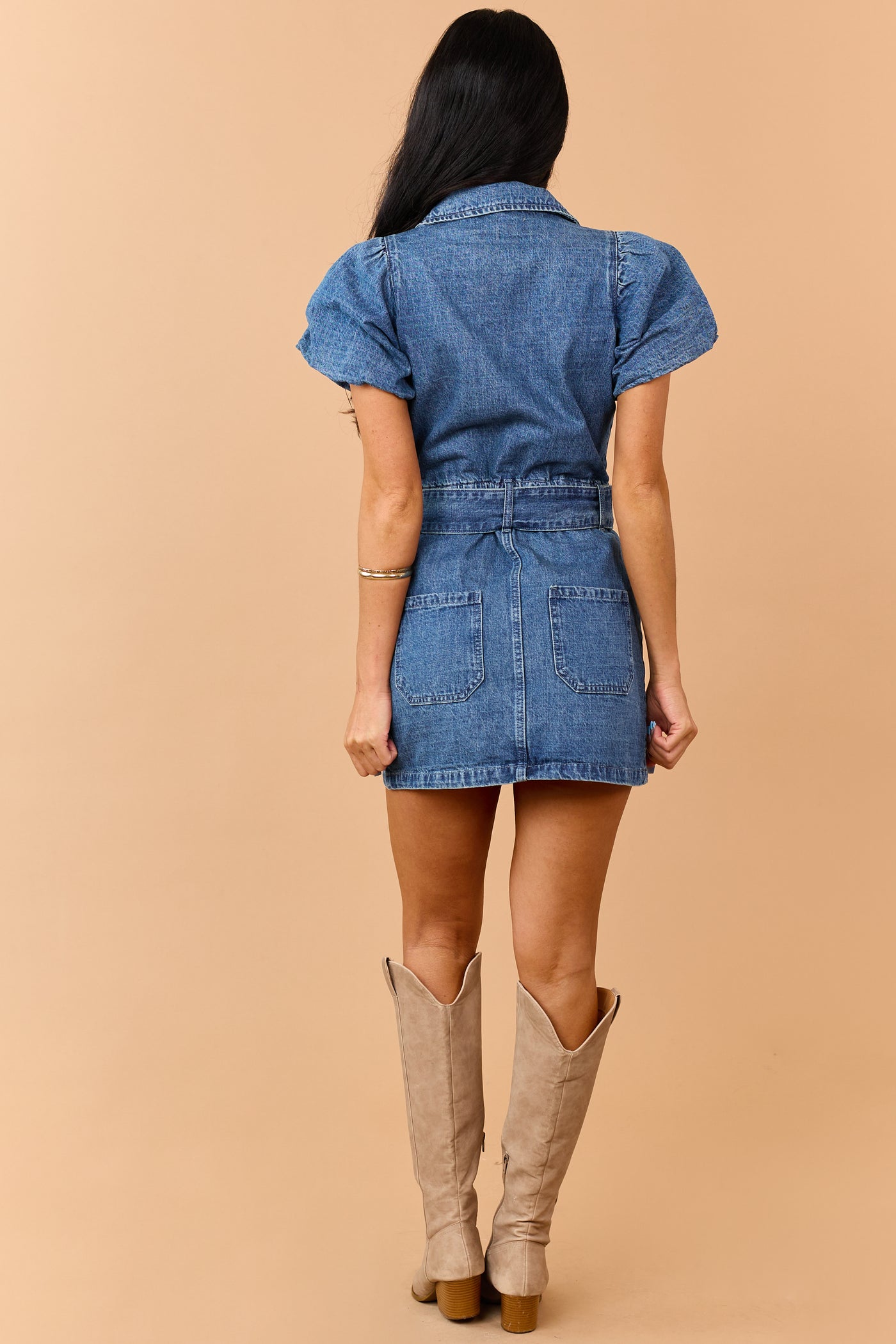 Medium Wash Denim Zip Up Belted Mini Dress
