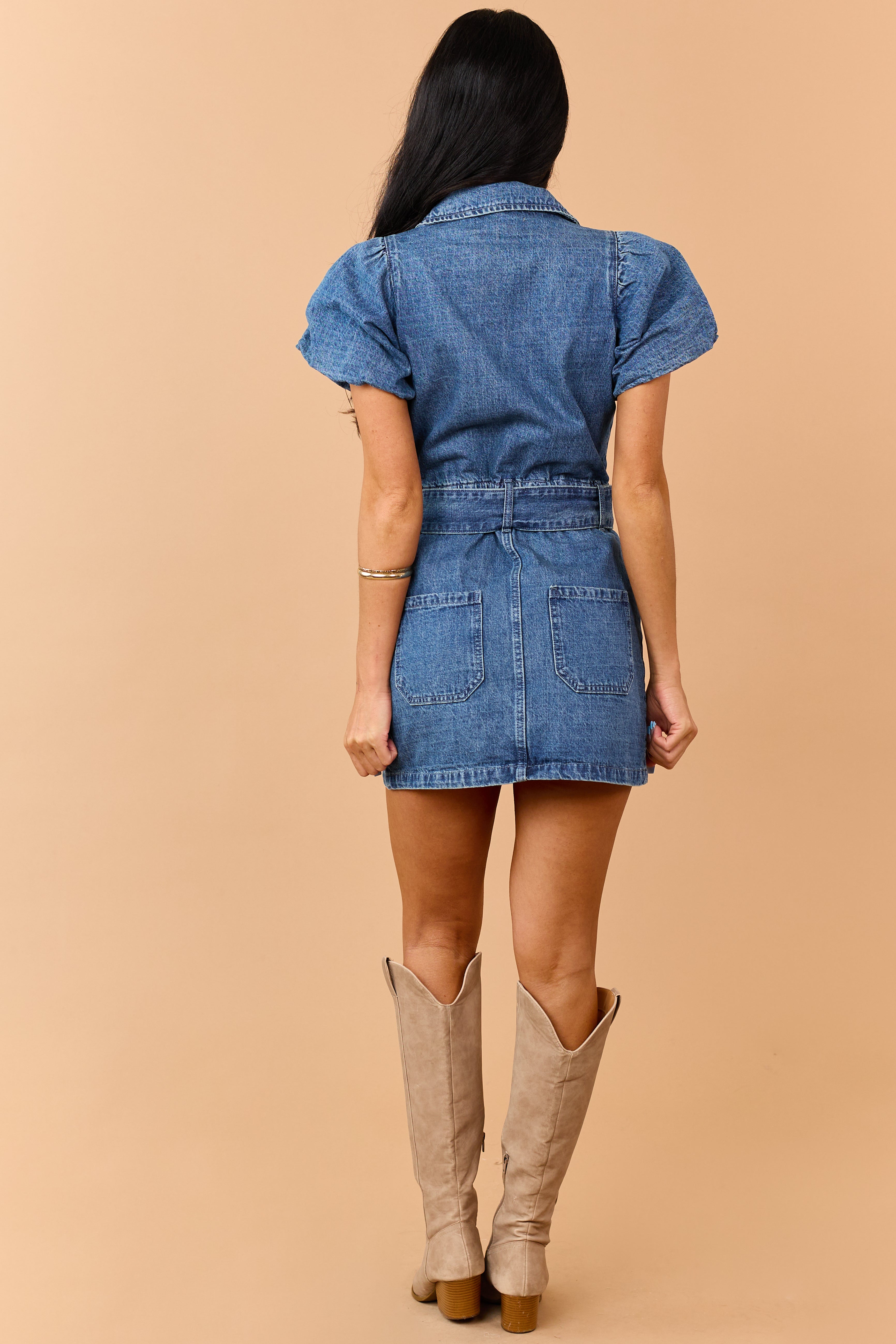 Medium Wash Denim Zip Up Belted Mini Dress