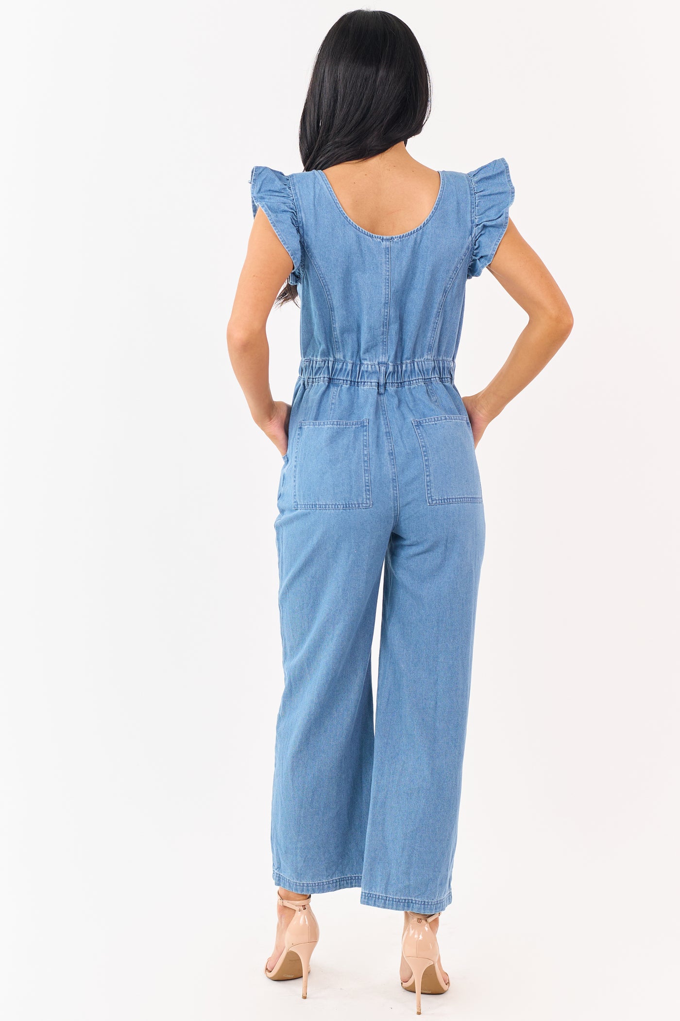 Medium Wash Denim Zip Up Ruffle Sleeve Jumpsuit
