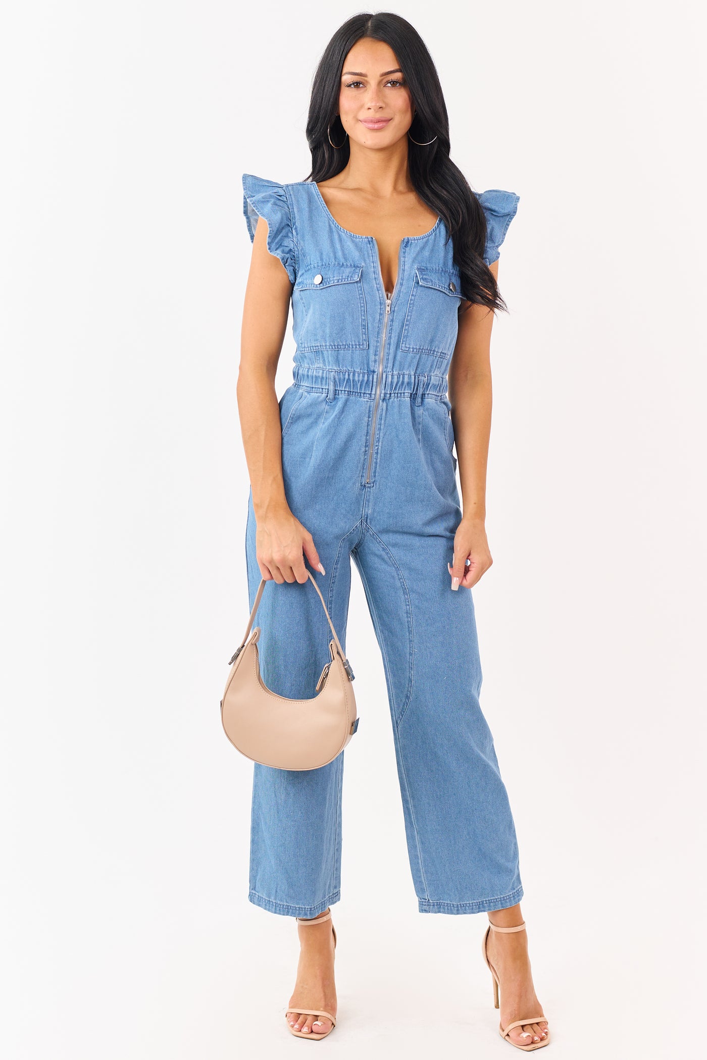 Medium Wash Denim Zip Up Ruffle Sleeve Jumpsuit