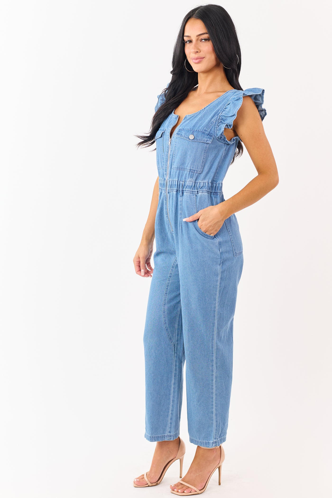 Medium Wash Denim Zip Up Ruffle Sleeve Jumpsuit