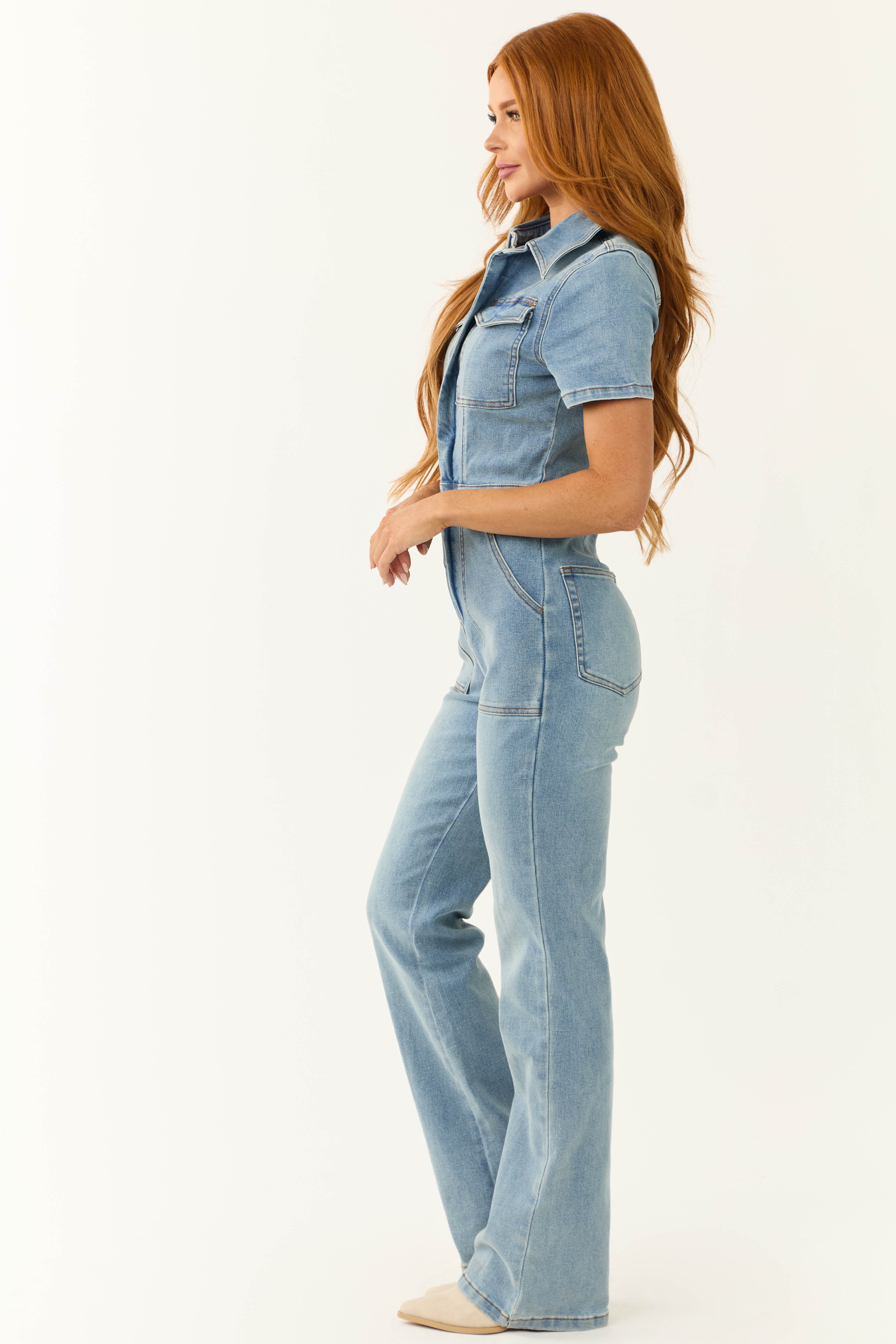 Medium Wash Denim Zip Up Short Sleeve Jumpsuit | Lime Lush Boutique
