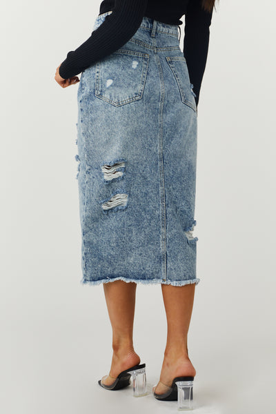 Medium Wash Distressed Denim Midi Skirt
