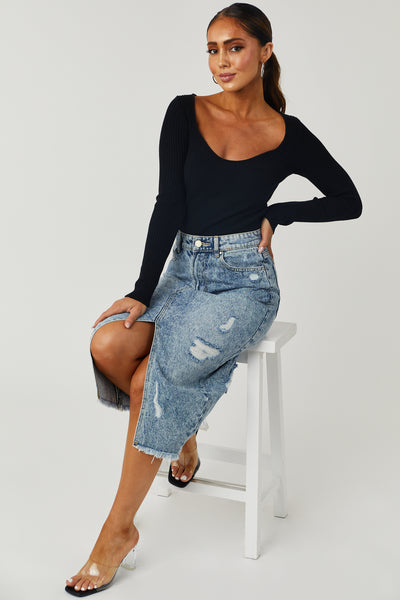 Medium Wash Distressed Denim Midi Skirt