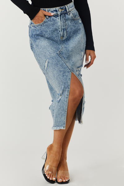 Medium Wash Distressed Denim Midi Skirt