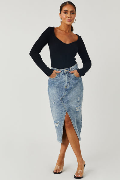 Medium Wash Distressed Denim Midi Skirt